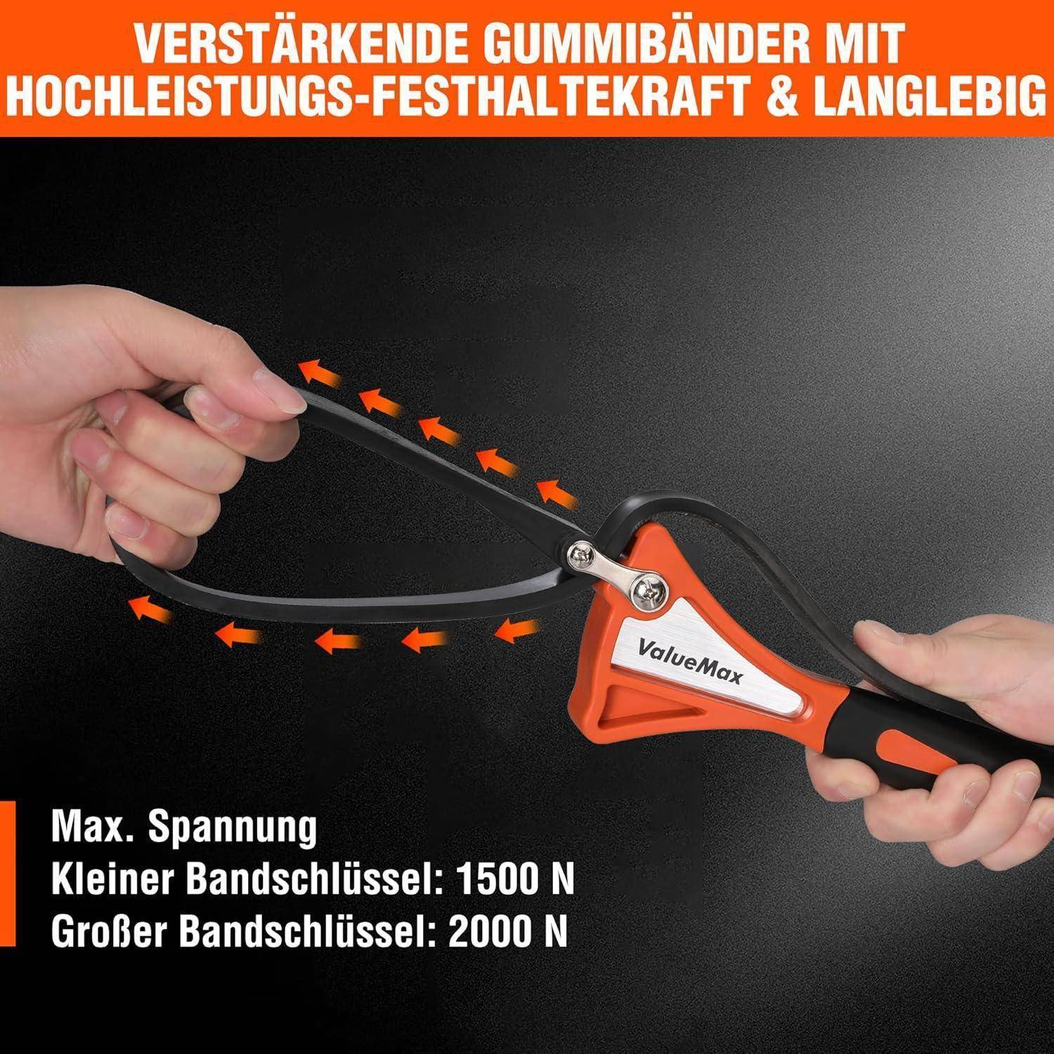 Zwei Hände halten ein Werkzeug mit der Bezeichnung 'ValueMax', das orangefarbene Griffe und schwarze Gummibänder besitzt. Text oben hebt Haltbarkeit und Stärke hervor.