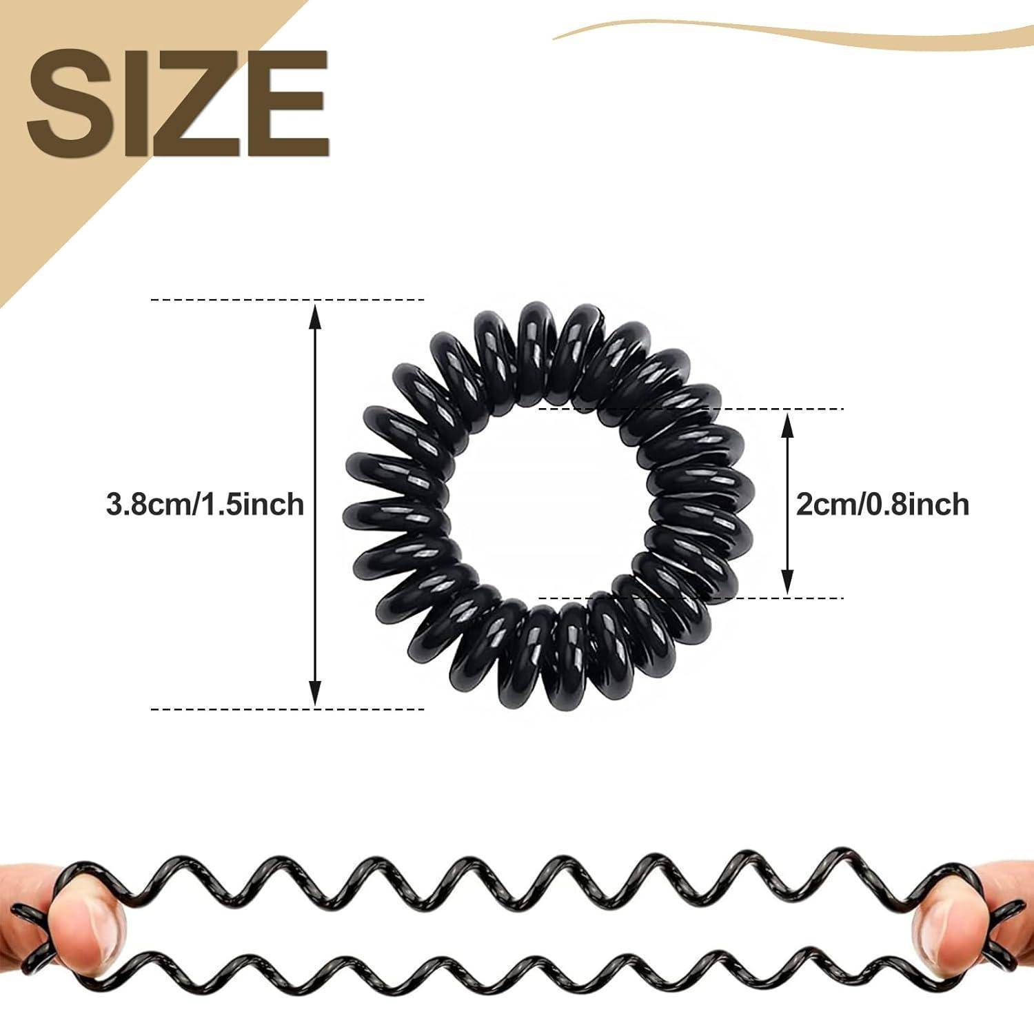 Schwarzer Spiralhaarband, gezeigt mit Größenangaben: Durchmesser 3,8 cm (1,5 Zoll) und Dicke 2 cm (0,8 Zoll); dehnbare Demonstration inklusive.