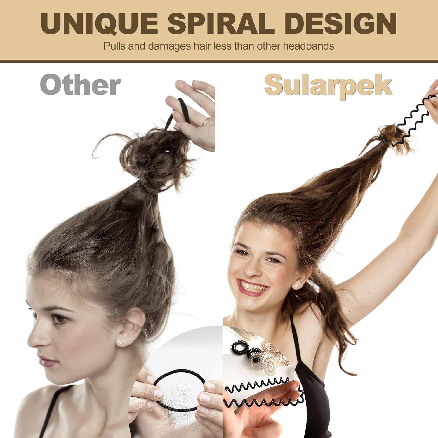 Einzigartiges Spiraldesign: Andere vs Sularpek. Zwei Frauen mit unterschiedlichen Haarspiralen werden gezeigt. Die ‚Sularpek'-Spirale erscheint glatter und glänzender.