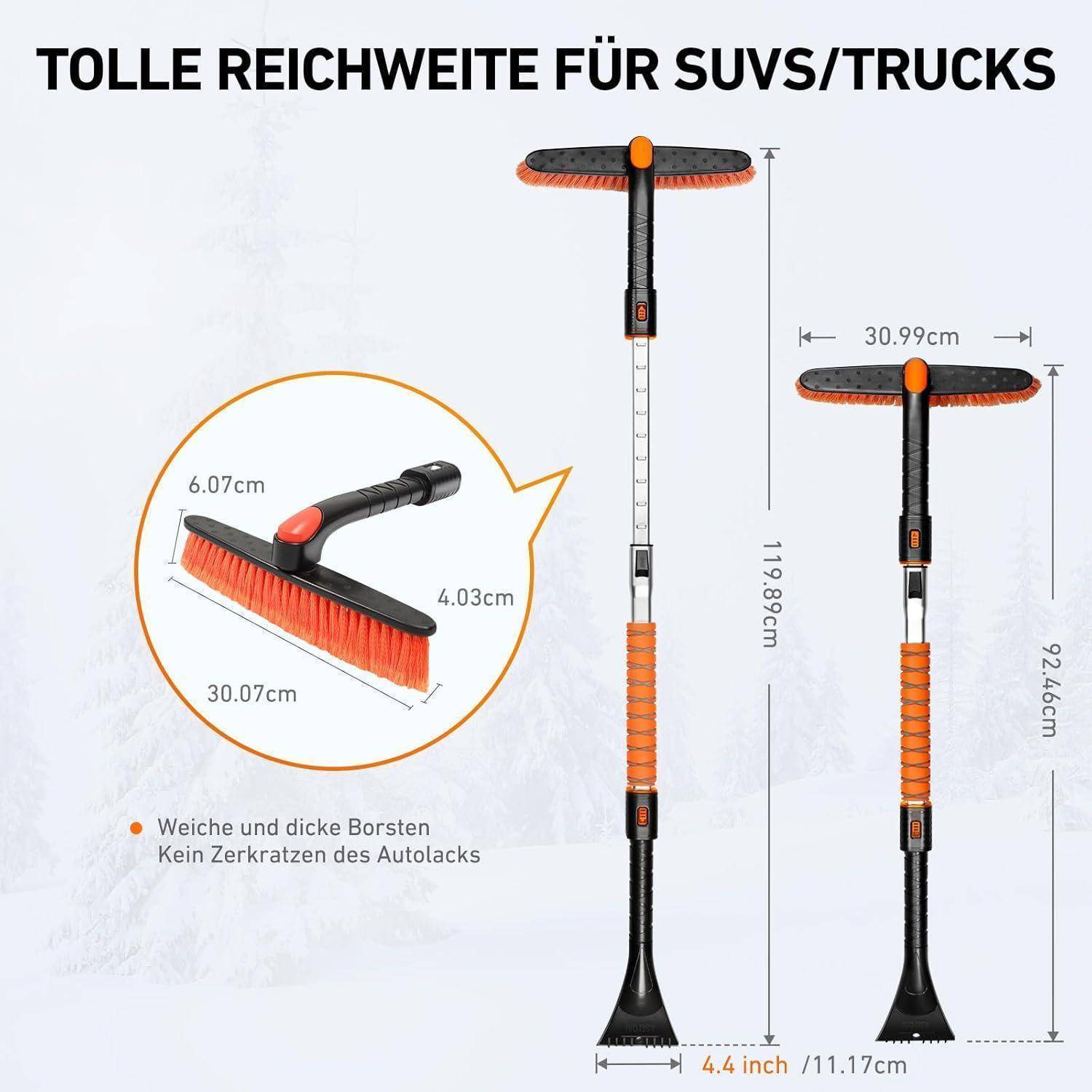 Schneebürste für SUVs/Trucks mit verstellbarer Länge. Ausgestattet mit weichen, dicken Borsten, um Autokratzer zu vermeiden. Maßangaben werden detailliert bereitgestellt.