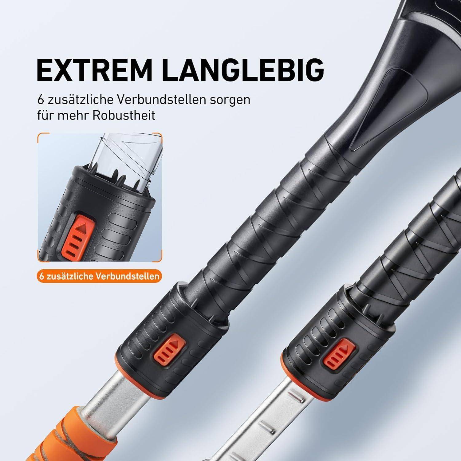 Zwei schwarze und orangefarbene Griffe mit zusätzlich verstärkten Enden für Langlebigkeit. Eingesetzte Abbildung zeigt Nahaufnahme der Verstärkung.