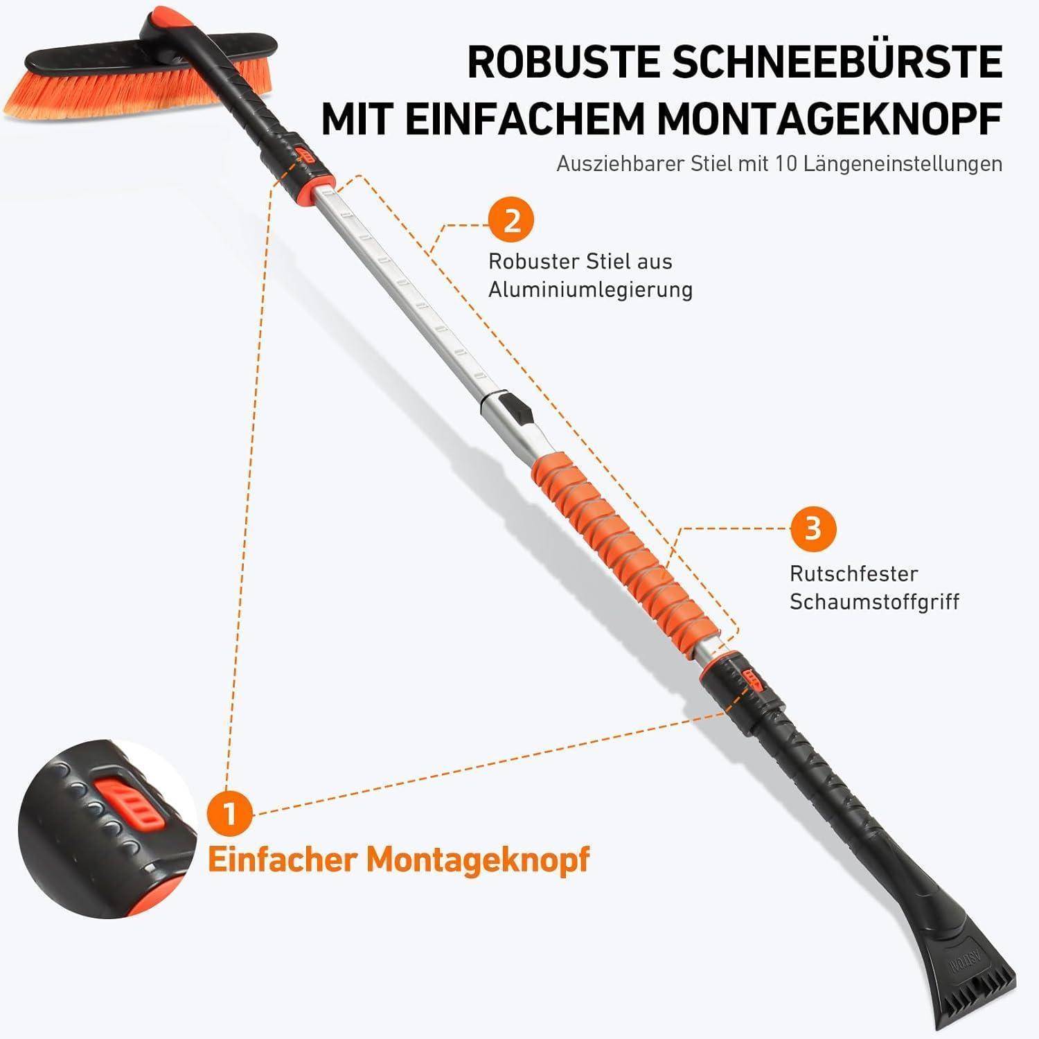 Ausziehbarer Stiel mit 10 Längeneinstellungen, Schneebürste mit einfachem Montagemechanismus, Aluminiumschaft und rutschfestem Schaumgriff.