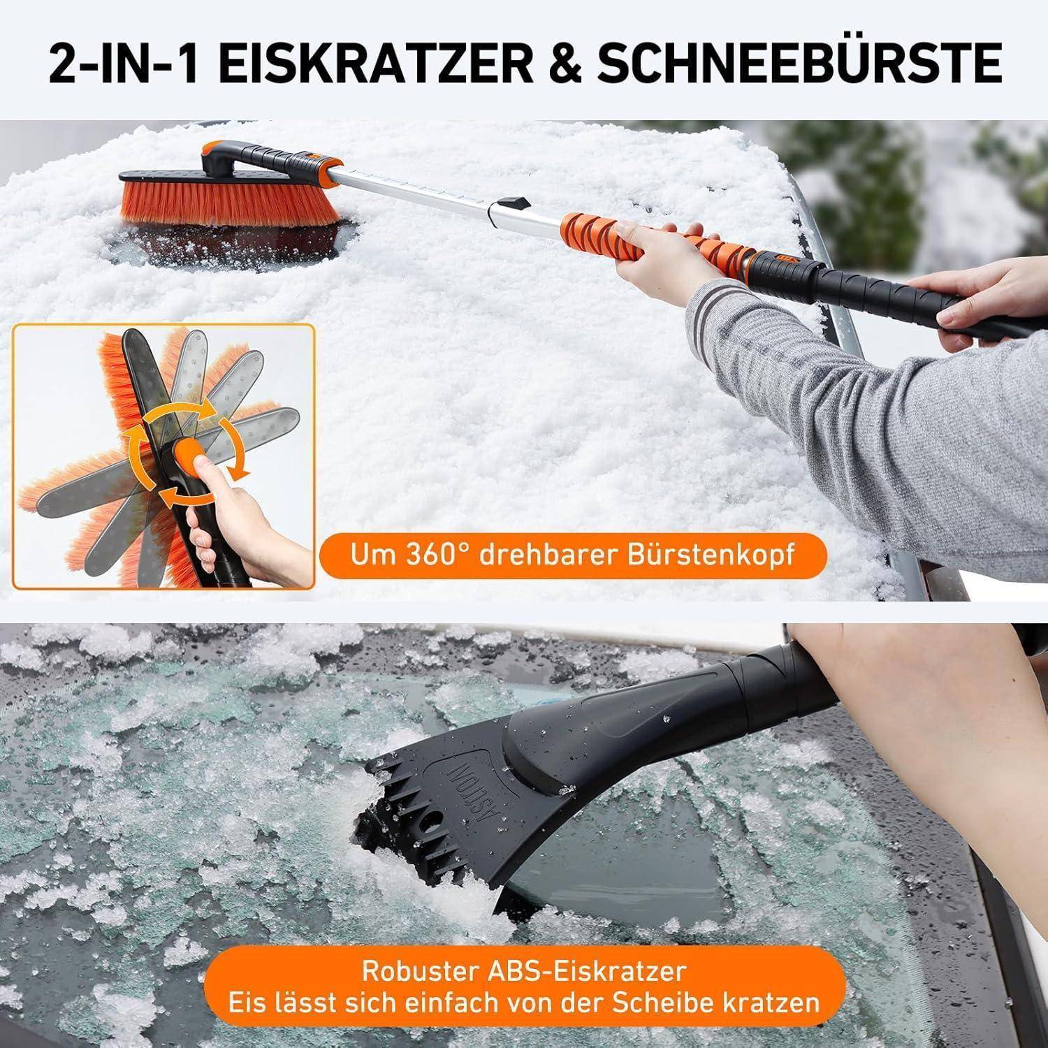 2-in-1 Eiskratzer und Schneebürste' mit 360-Grad-Schwenkbarer Kopf, robustem ABS-Kratzer für einfache Eisentfernung, in Gebrauch dargestellt.