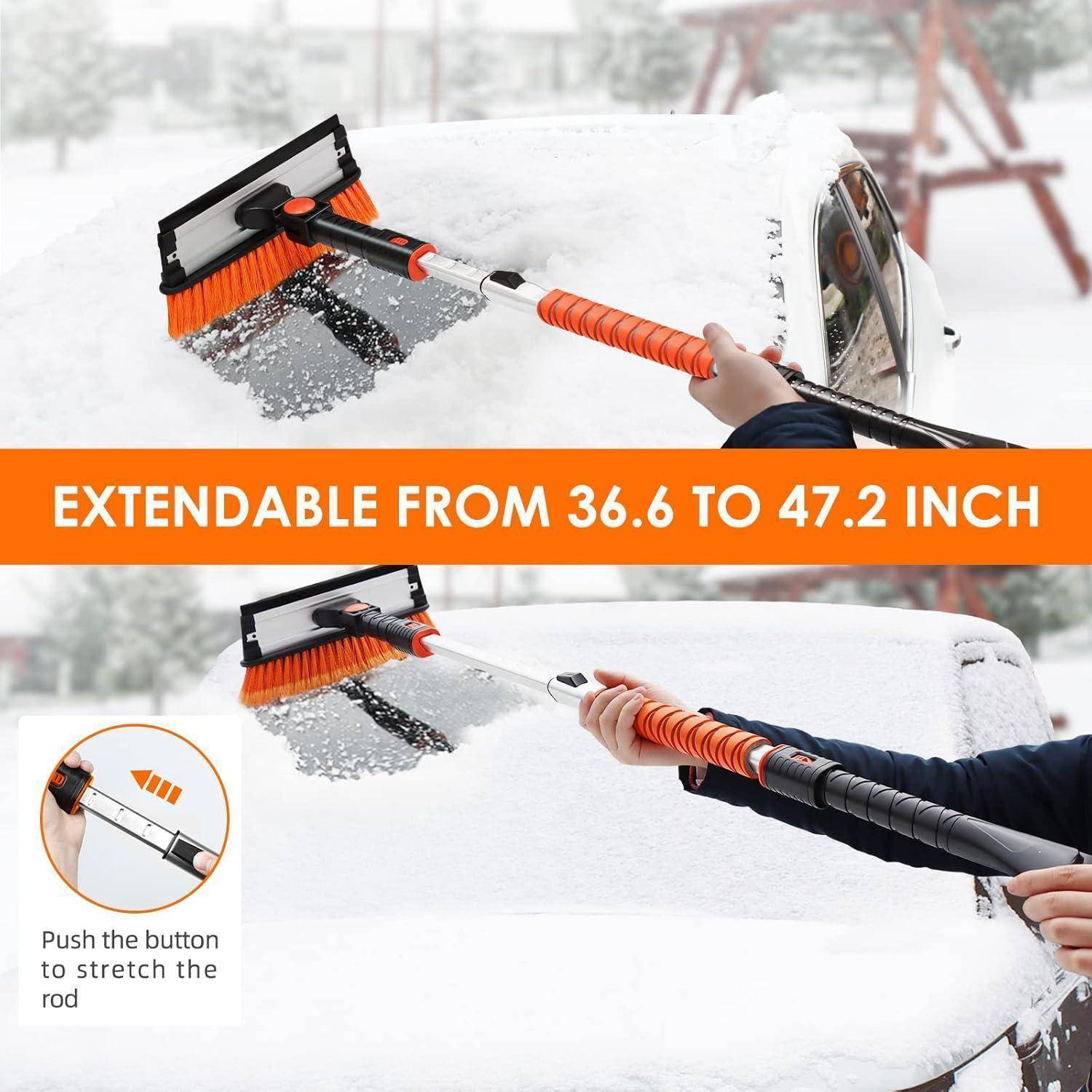 Eine ausziehbare Schneebürste, die verwendet wird, um Schnee von der Autoscheibe zu entfernen, erstreckt sich von 36,6 bis 47,2 Zoll.