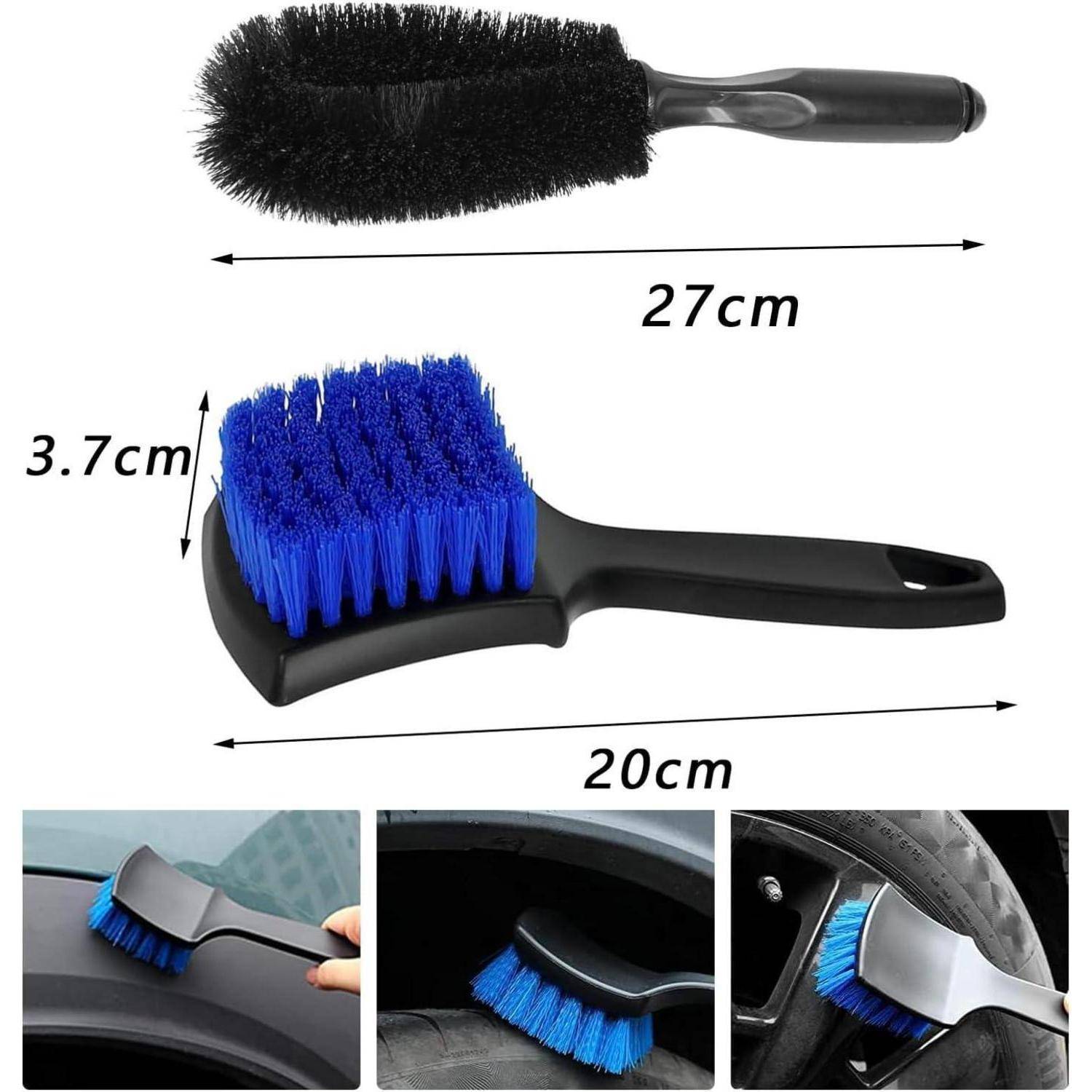 Zwei Reinigungsbürsten, eine mit langem Griff (27 cm) und runder Kopf, die andere kurz (20 cm) mit flacher Bürste, verwendet für die Autoreinigung.