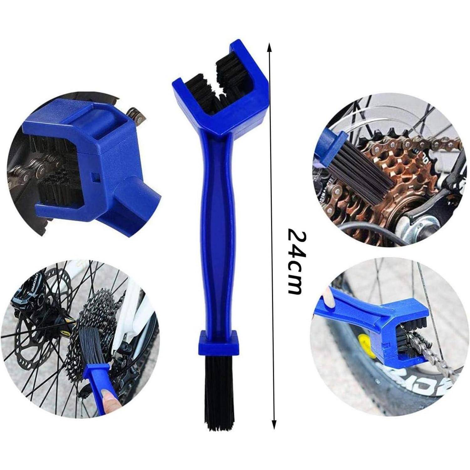 Fahrradketten-Reinigungswerkzeug mit blauer Bürste mit Borsten; mehrere Ansichten zeigen effiziente Reinigung von Kette und Zahnkränzen. 24 cm Länge.