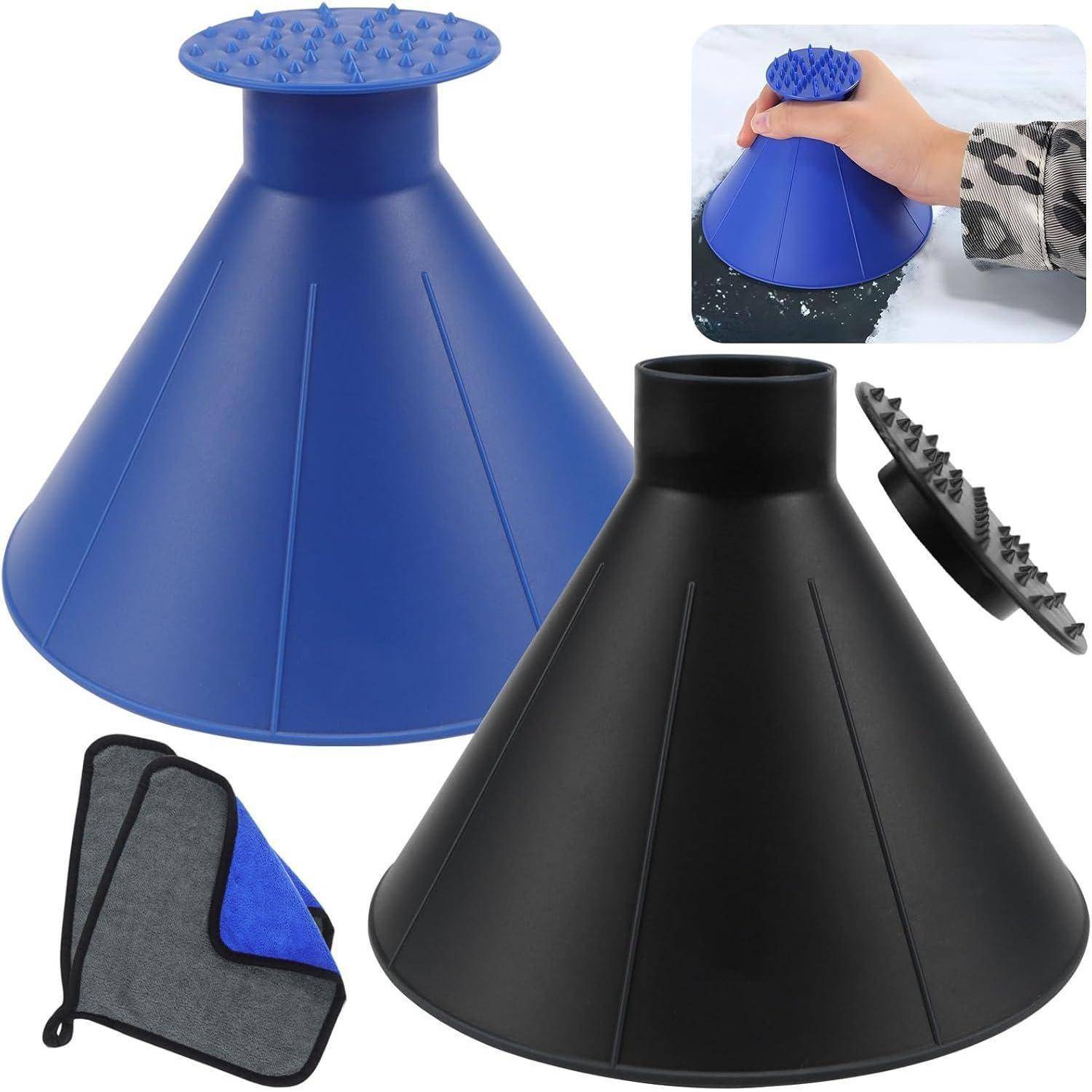 Blau und schwarz kegelförmige Eiskratzer mit einem Tuch. Oben rechts ist zu sehen, wie Eis von einer Autoscheibe gekratzt wird.