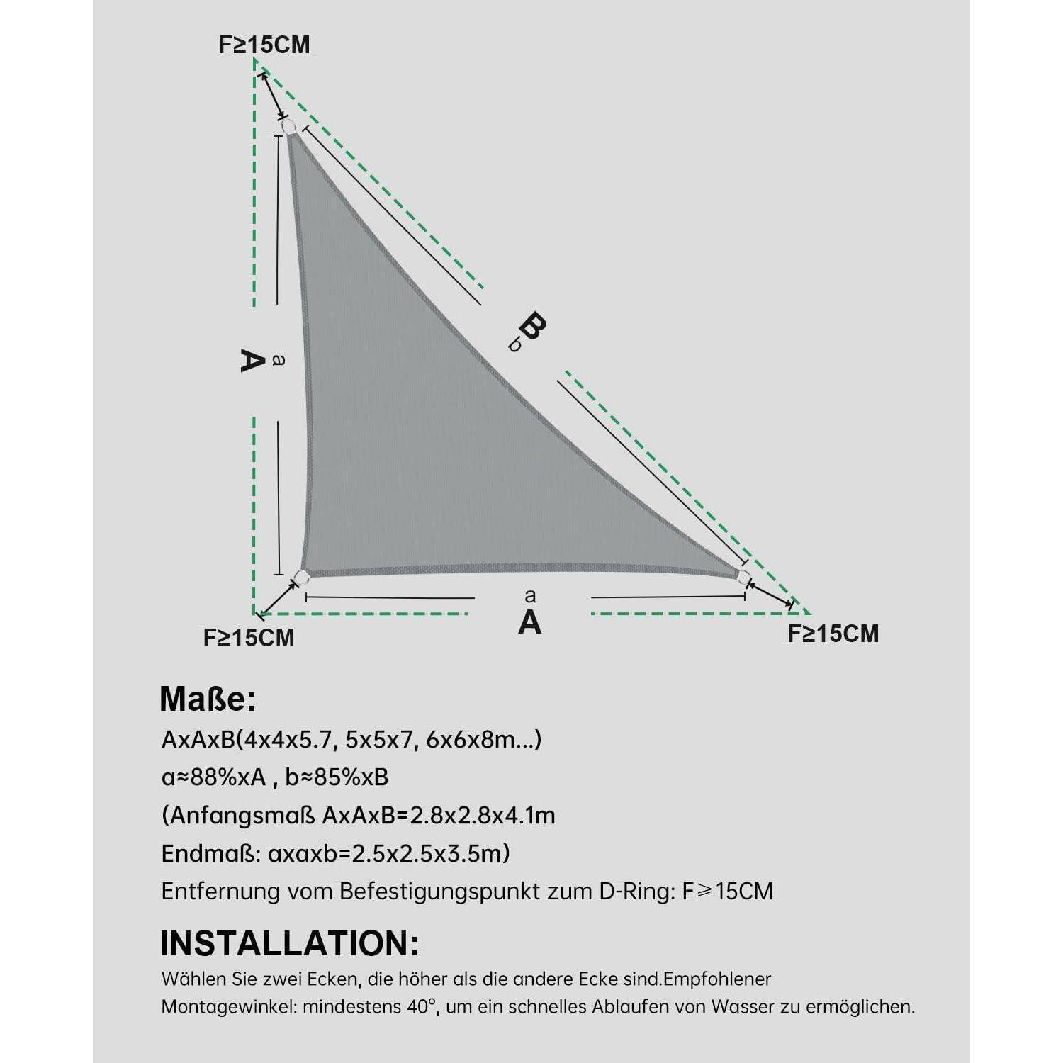 Ein dreieckiges Sonnensegel mit den Seiten A, B und C; Abmessungen angegeben als A=4-4,1 m, B=4-4,1 m. Installationsanweisungen unten.