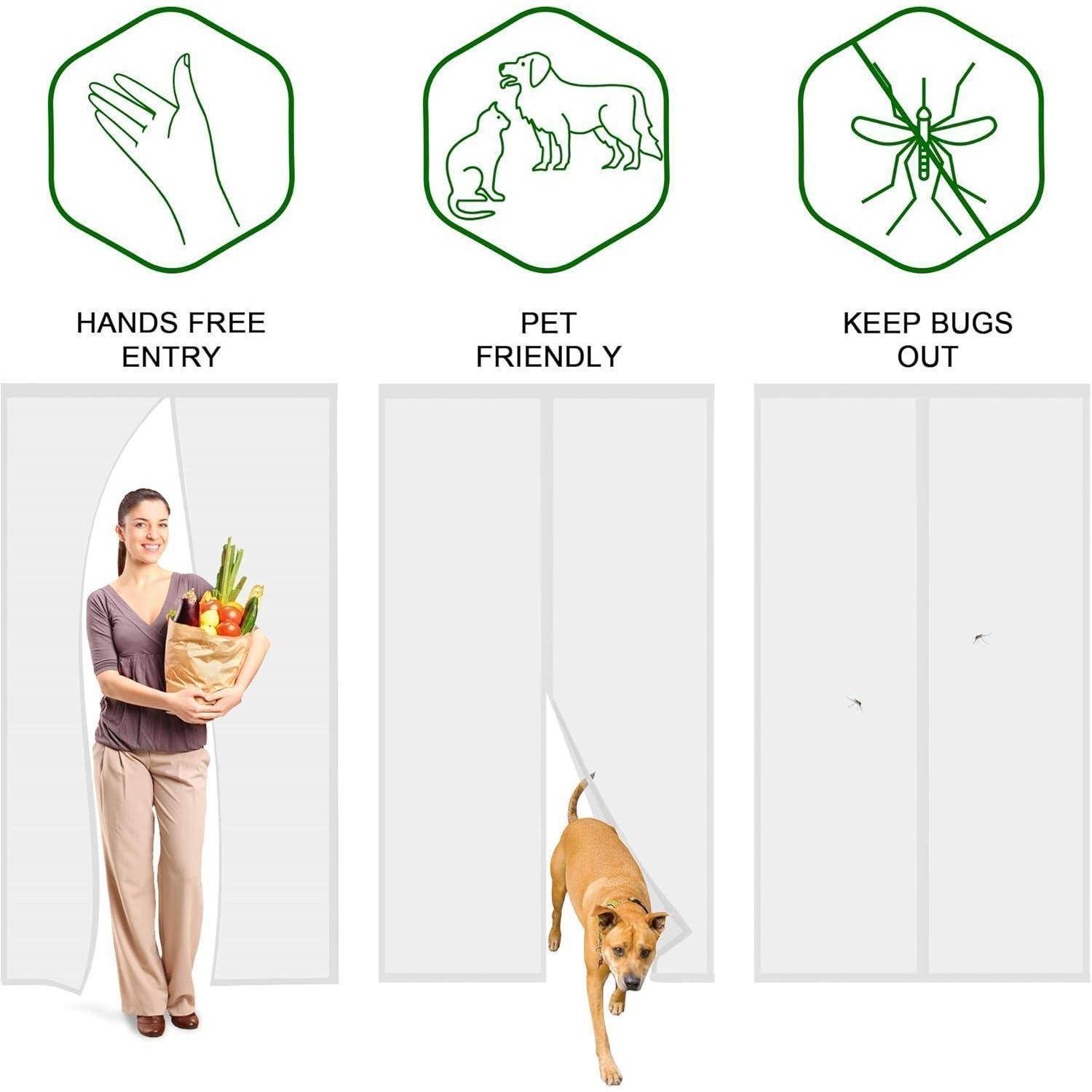 Eine magnetische Bildschirmtür mit Symbolen, die "Hände-frei-Eingang"", ""Haustierfreundlich"" und ""Halte Insekten draußen"" anzeigen, die eine Person und einen Hund bei der Nutzung zeigt.