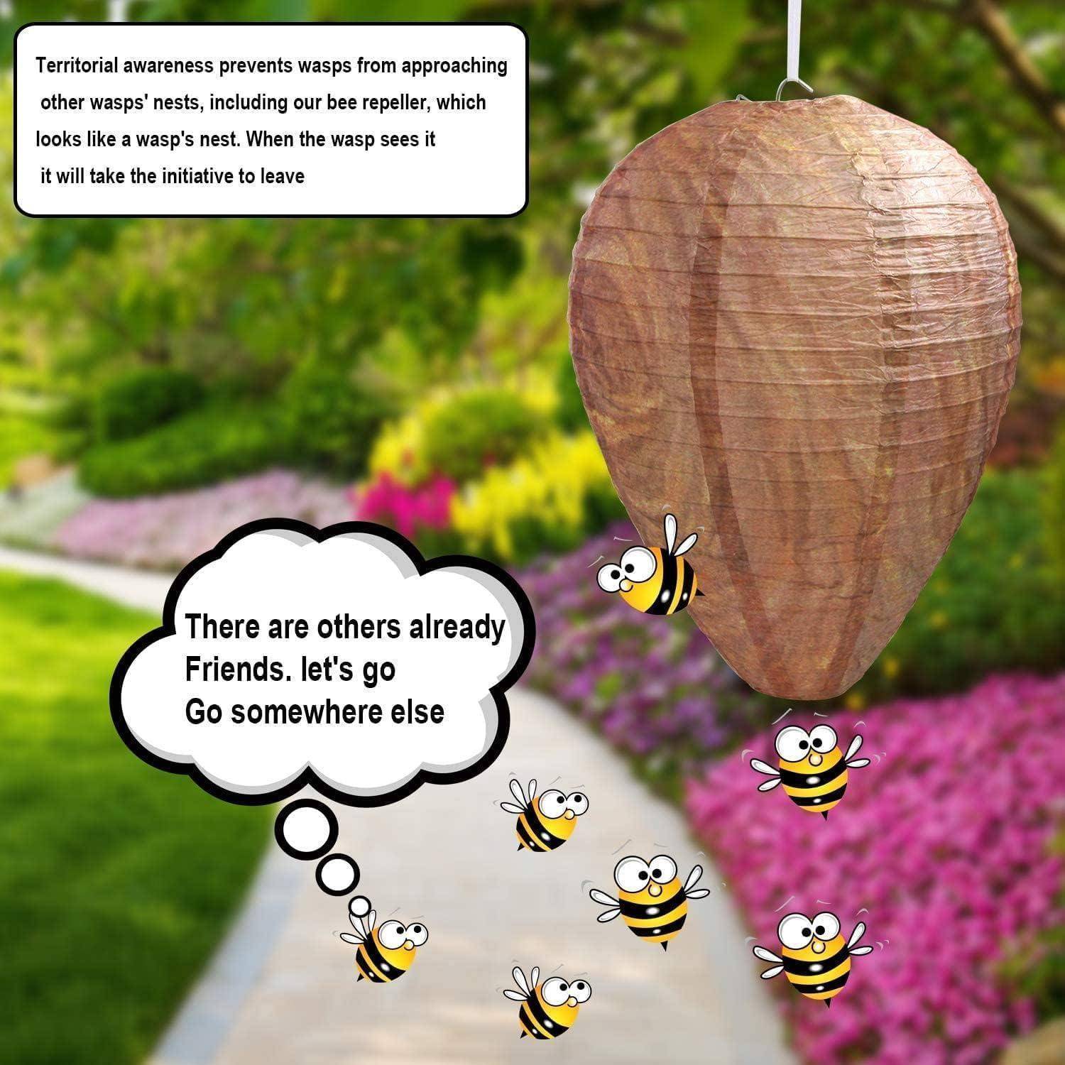 Ein Wespennest hängt von einem Ast. Gezeichnete Bienen mit Sprechblasen sagen: 
