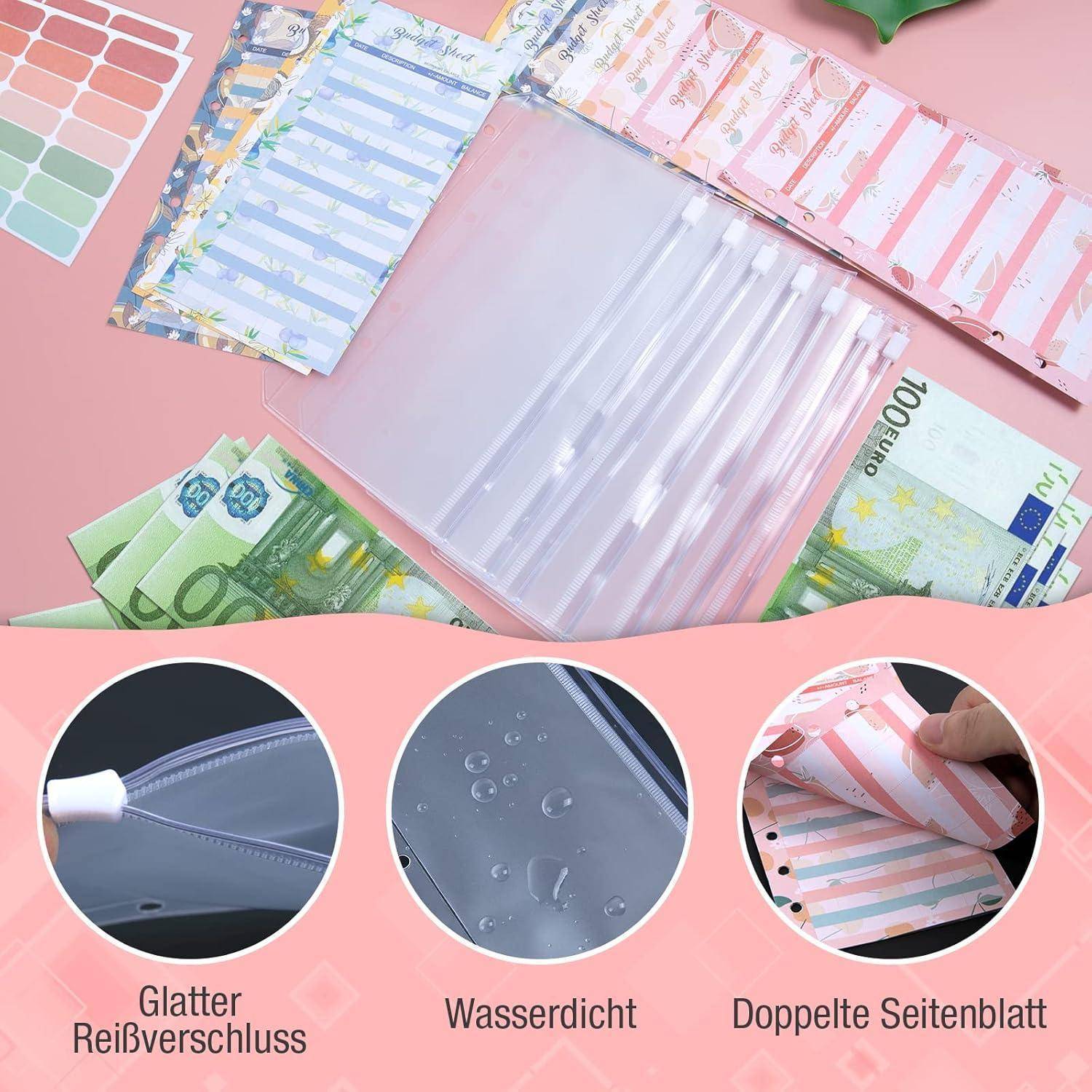 Transparenter Ordner mit Reißverschluss, der die wasserdichte Eigenschaft und das beidseitige Blattdesign zeigt. Euro-Scheine sind teilweise sichtbar im Inneren.