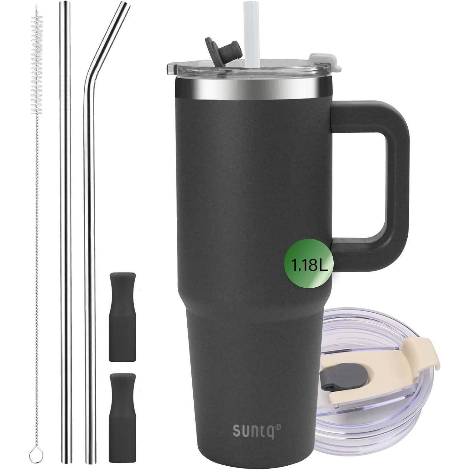 Schwarze isolierte Tasse mit Henkel, 1,18L Fassungsvermögen, inklusive zwei Metallstrohhalmen, Strohhalm-Abdeckungen, Strohhalm-Reiniger und Deckel mit Strohhalmloch.