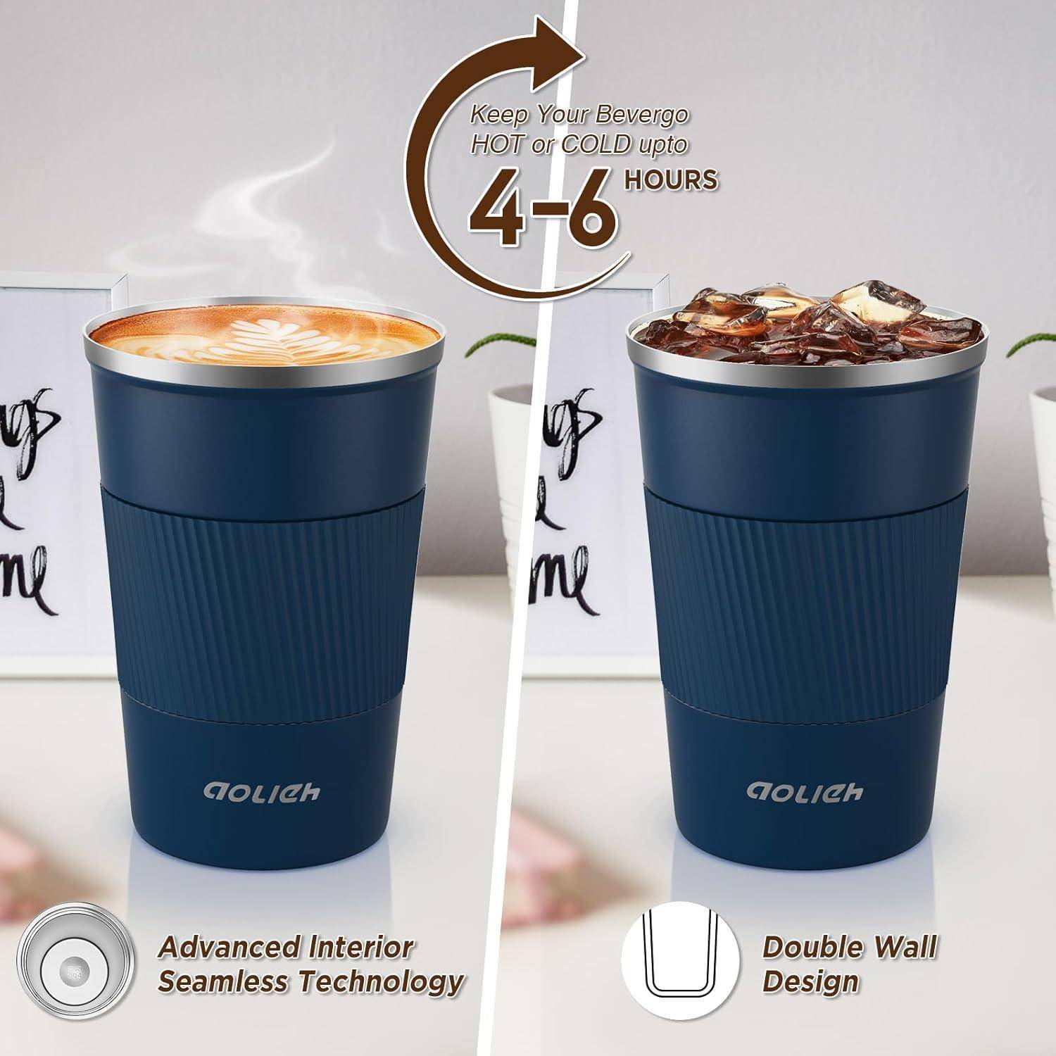 Zwei dunkelblau isolierte Becher mit heißen und kalten Getränken präsentieren die 'Advanced Seamless Technology' und das 'Double Wall Design', die die Temperatur für 4-6 Stunden erhalten.