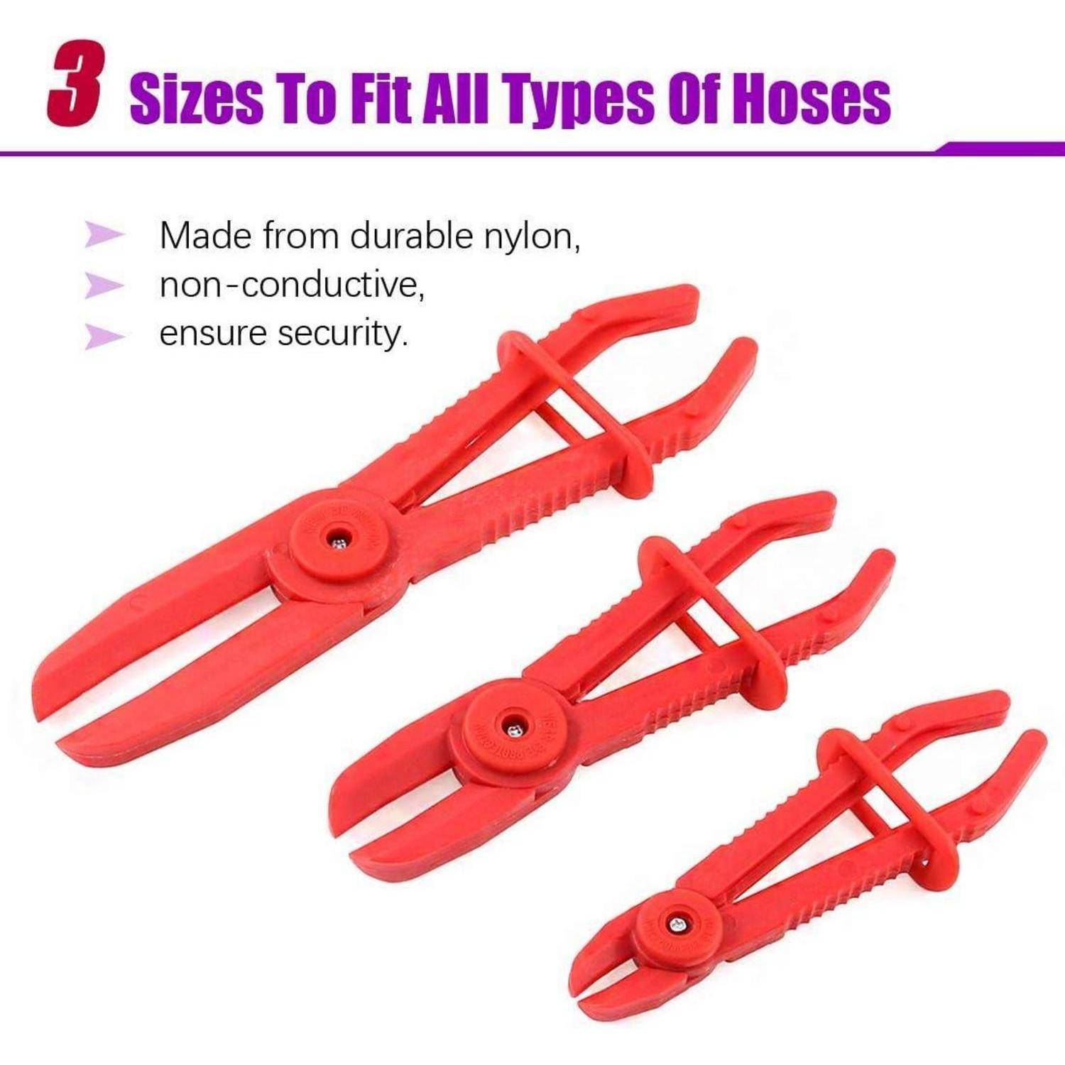 Drei rote Schlauchschellen in verschiedenen Größen. Text: 3 Größen für alle Arten von Schläuchen. Aus robustem Nylon gefertigt, nicht-leitend, für maximale Sicherheit.
