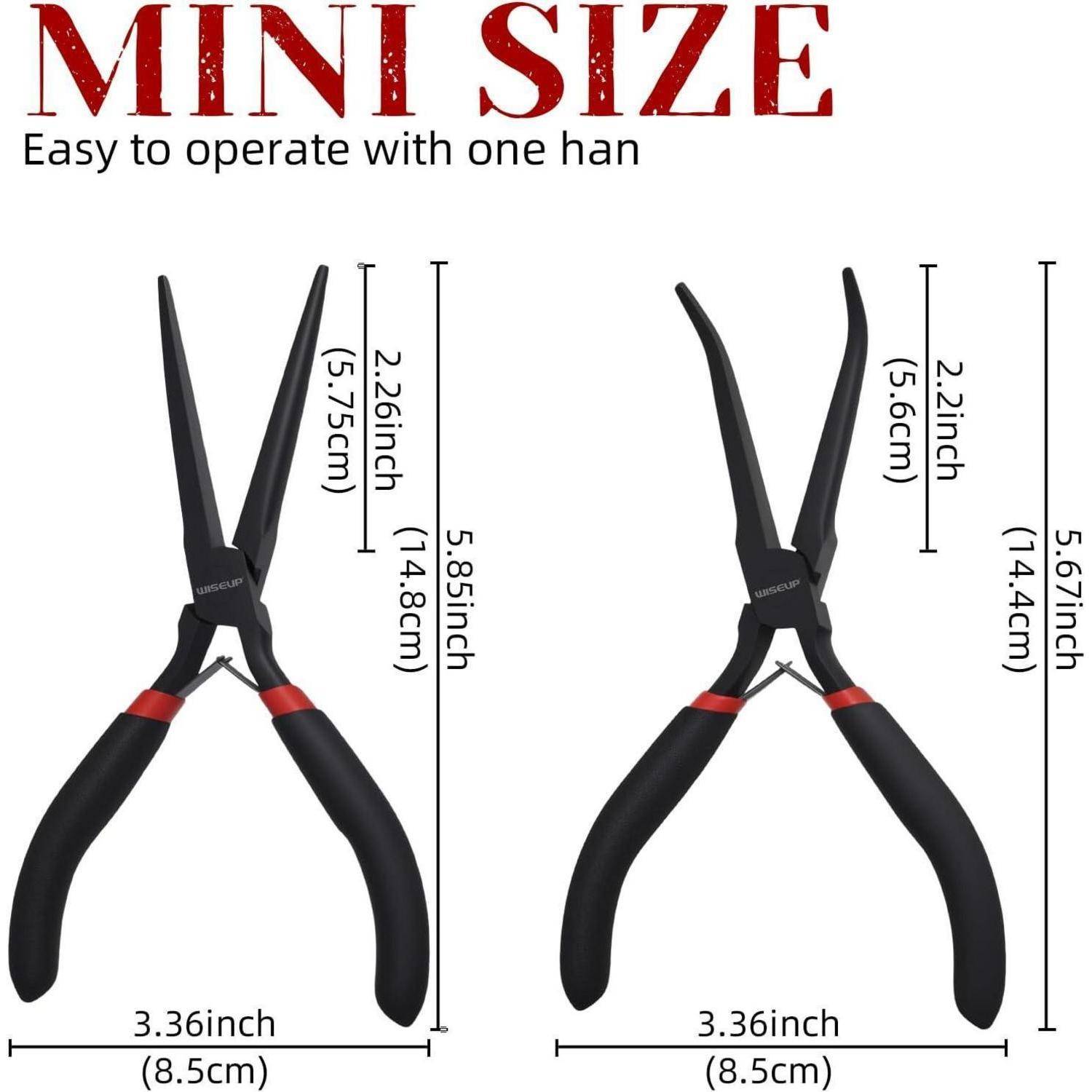 Minigröße. Mit einer Hand leicht zu bedienen.' Bild zeigt zwei schwarze Zangen mit roten Akzenten, Abmessungen: links 5,88 x 3,36 Zoll, rechts 5,67 x 3,36 Zoll.