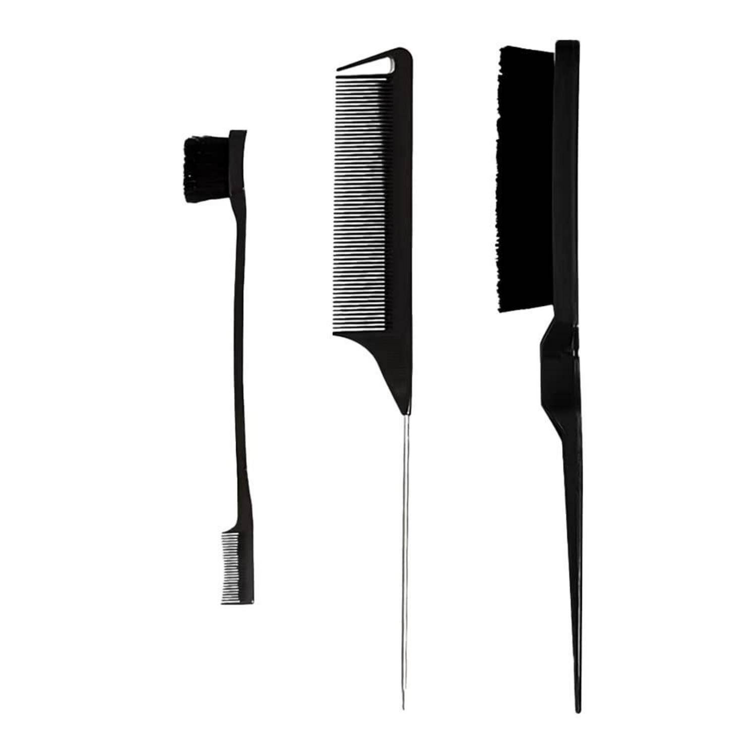 Drei schwarze Stylingwerkzeuge: eine kleine Haarbürste, ein Kamm mit feinen Zähnen und ein Haarfärbepinsel, alle vertikal ausgerichtet.