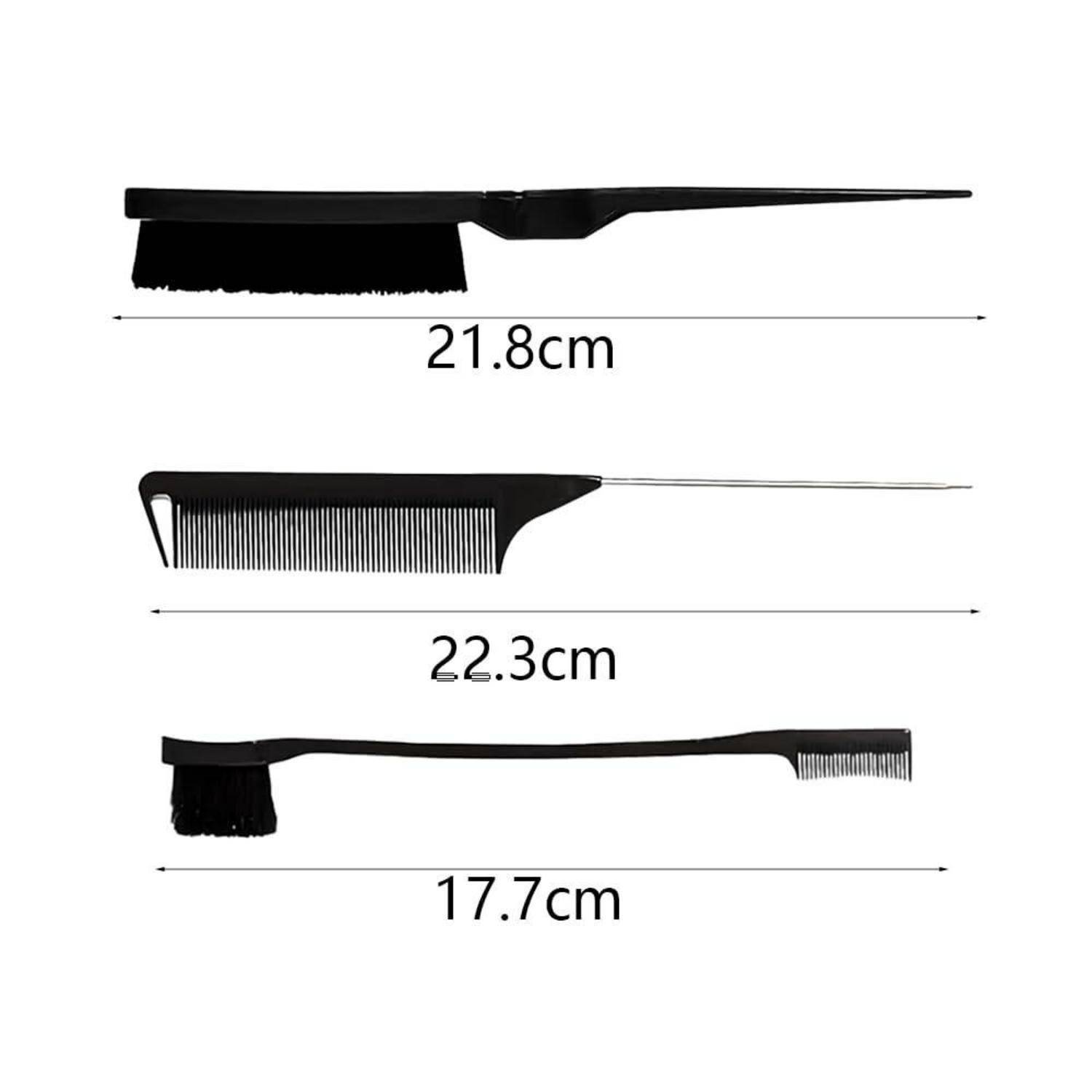 Drei Haarfrisier-Werkzeuge mit Größenangaben: Färbepinsel (21,8 cm), Schwanzkamm (22,3 cm) und beidseitiger Kantenborste (17,7 cm).