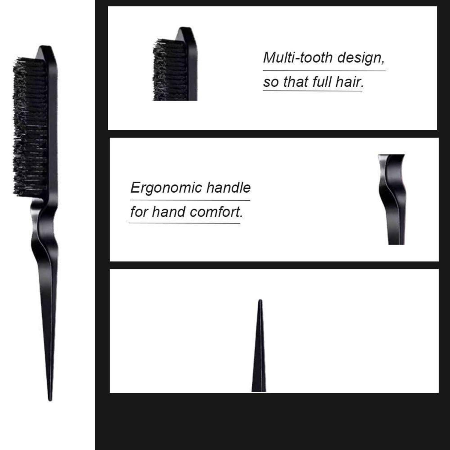 Ein schwarzer Haarkamm mit Mehrfachzahndesign für volleres Haar und einem ergonomischen Griff für einen bequemen Halt, von verschiedenen Winkeln aus gezeigt.