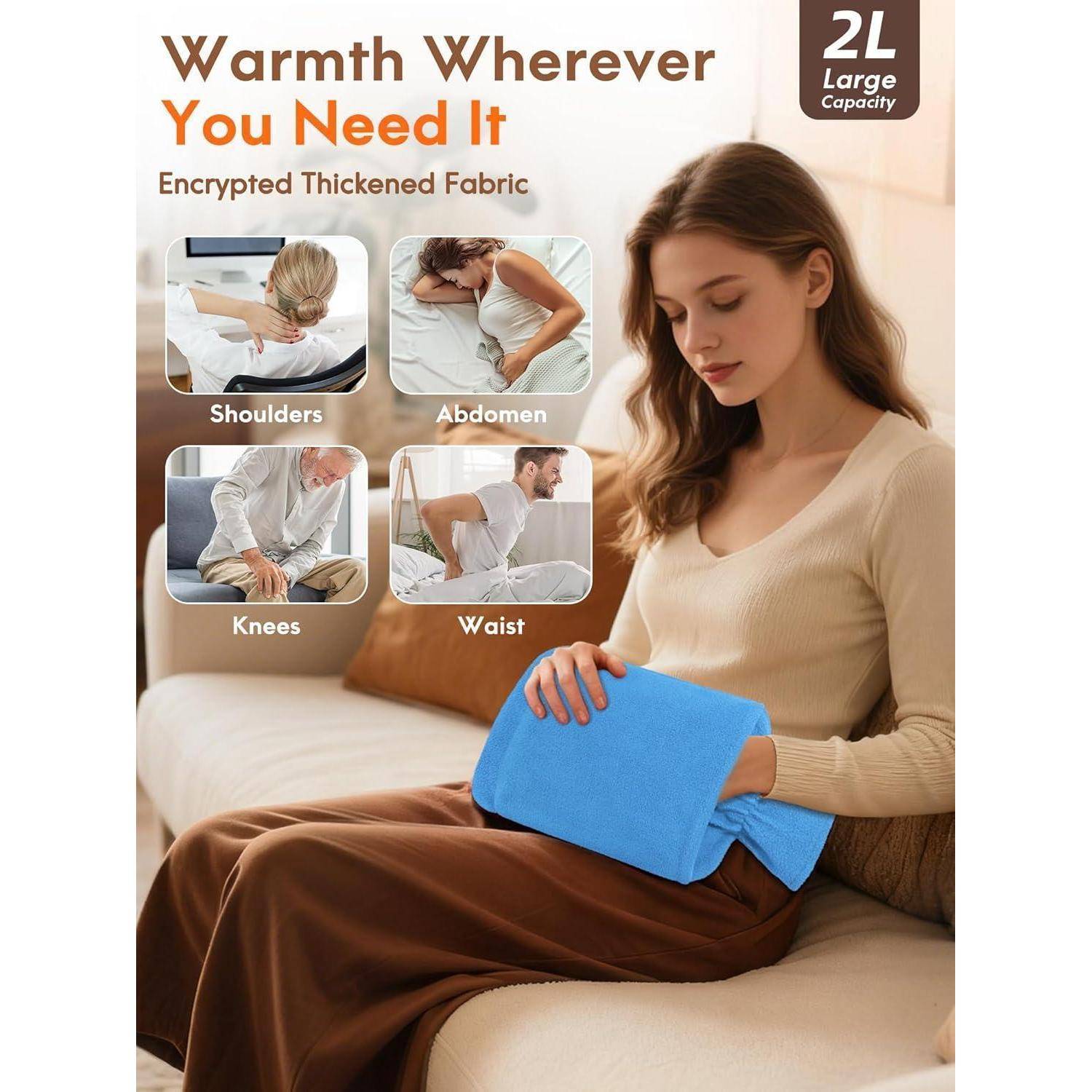 Eine Frau sitzt auf einem Sofa und hält einen blauen Wärmekissen. Der Text hebt dessen Verwendung für 