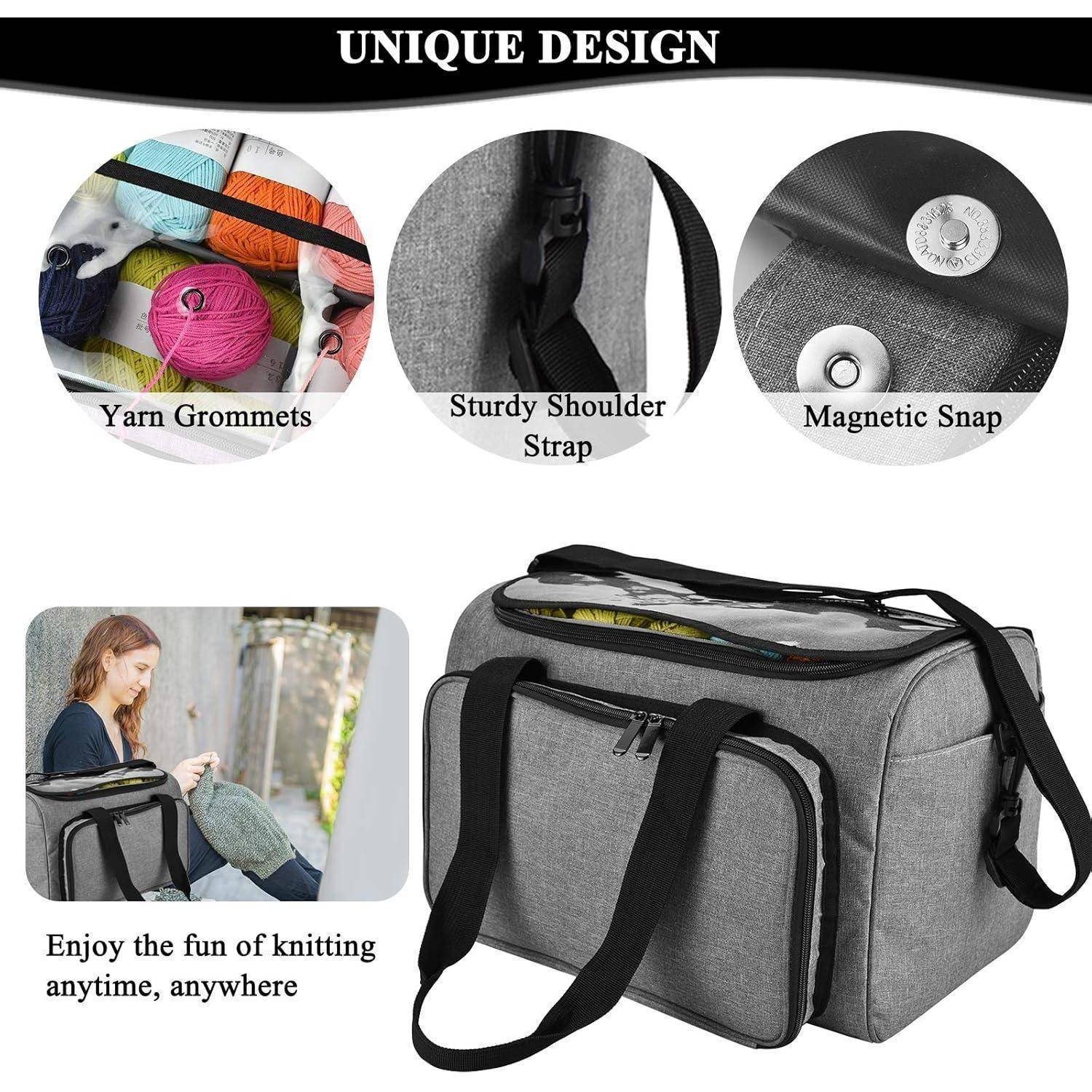 Stricktasche mit Garn-Öffnungen, robustem Trageriemen und magnetischem Verschluss. Beinhaltet Bild einer Person, die draußen strickt. Text: 'Genieße den Spaß am Stricken – jederzeit und überall.