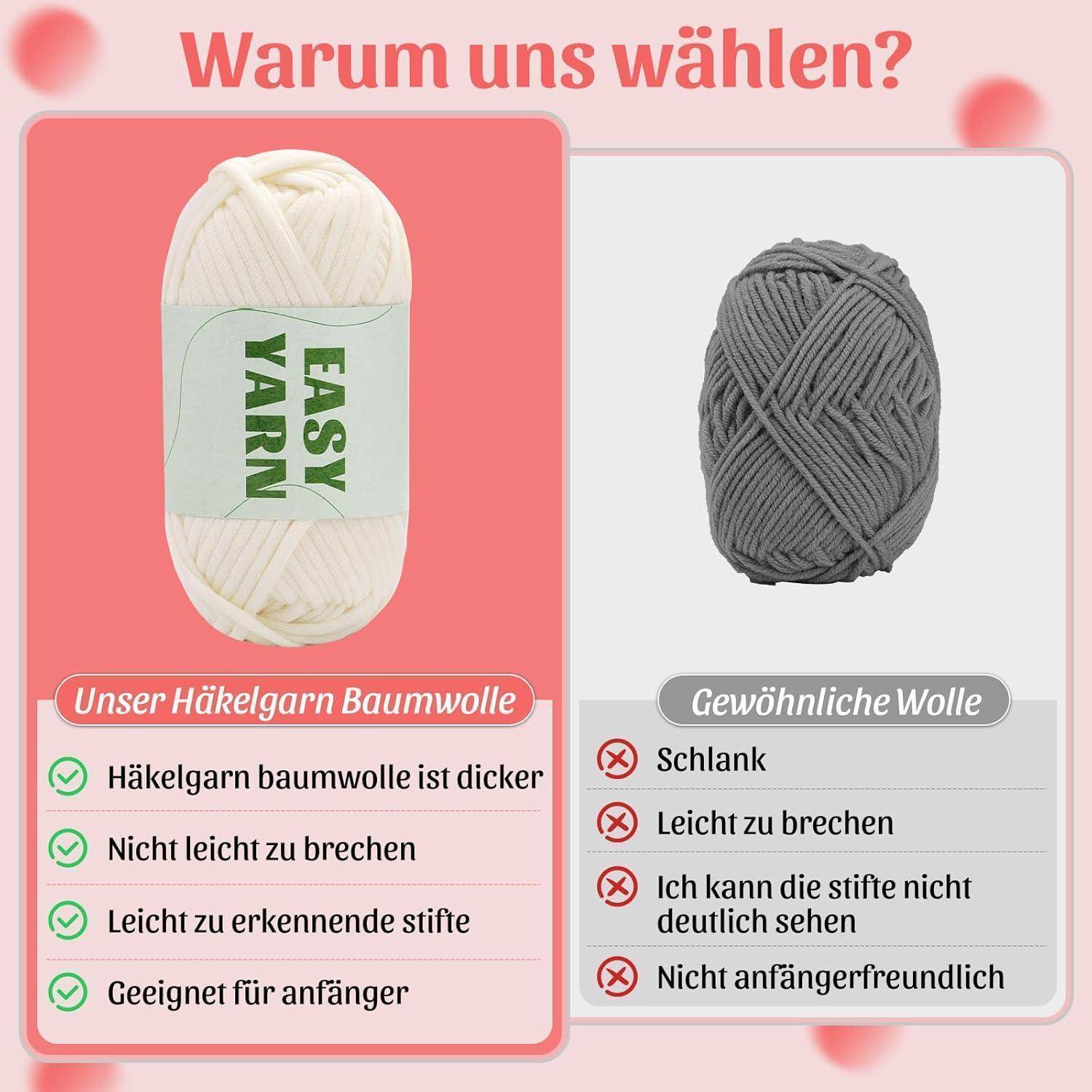 Warum uns wählen?' Das Bild vergleicht 'Easy Yarn' in Weiß mit 'Gewöhnliche Wolle' in Grau. Hervorgehobene Vorteile: dicker, strapazierfähig, anfängerfreundlich.