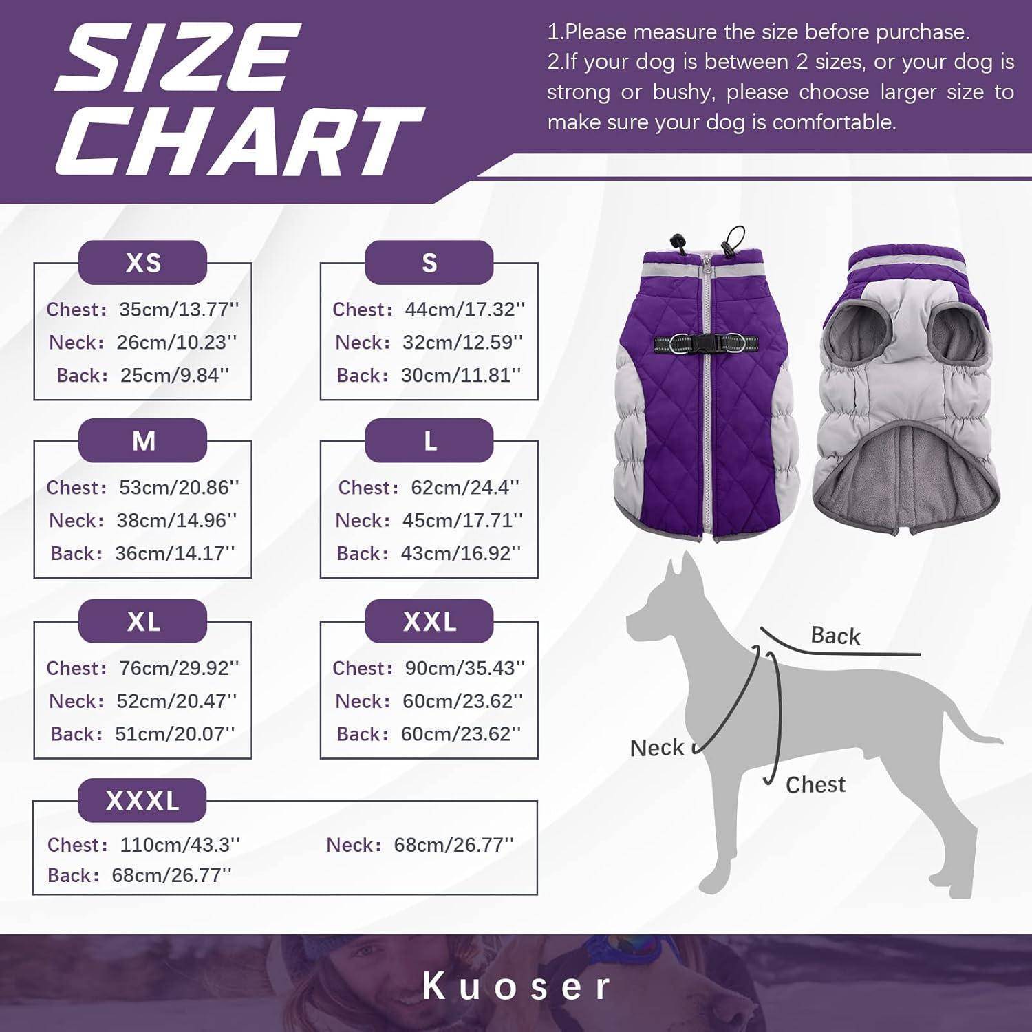 Größentabelle für Hundemode von Kuoser. Kategorien: XS bis XXXL. Enthält Messungen für Hals, Brust und Rücken in cm/Zoll. Zeigt Hund-Illustration mit beschrifteten Bereichen.