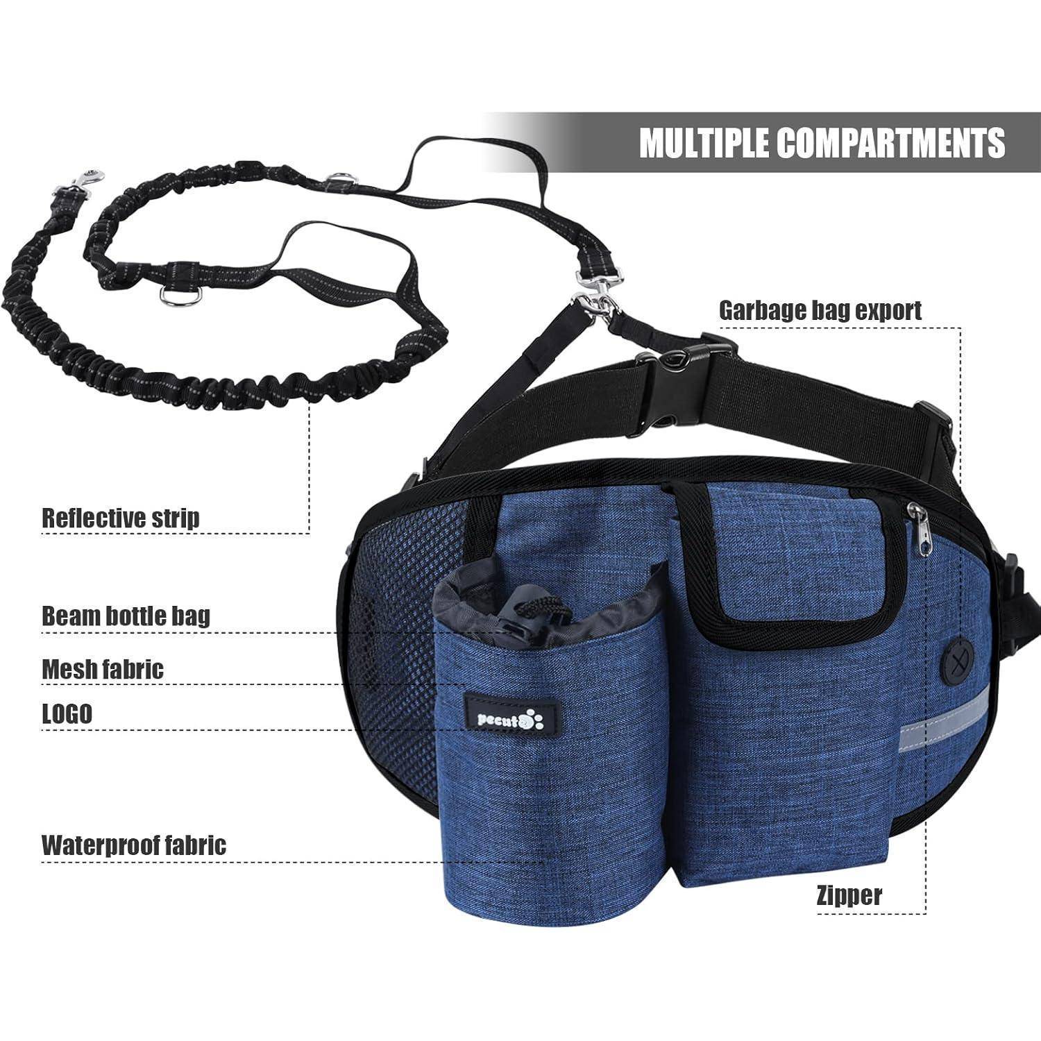 Haustier-Bauchtasche mit verstellbarem Gurt und Leine, ausgestattet mit mehreren Fächern, reflektierendem Streifen, Flaschenhalter und Kotbeutelspender.