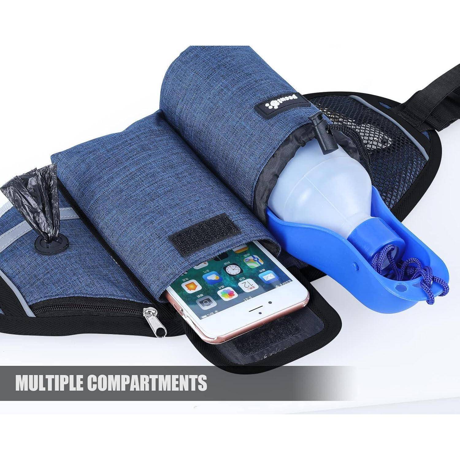 Eine blaue Gürteltasche mit mehreren Fächern, die einen Wasserflaschenhalter und Platz für ein Smartphone zeigt, mit der Bezeichnung 'MEHRERE FÄCHER'.