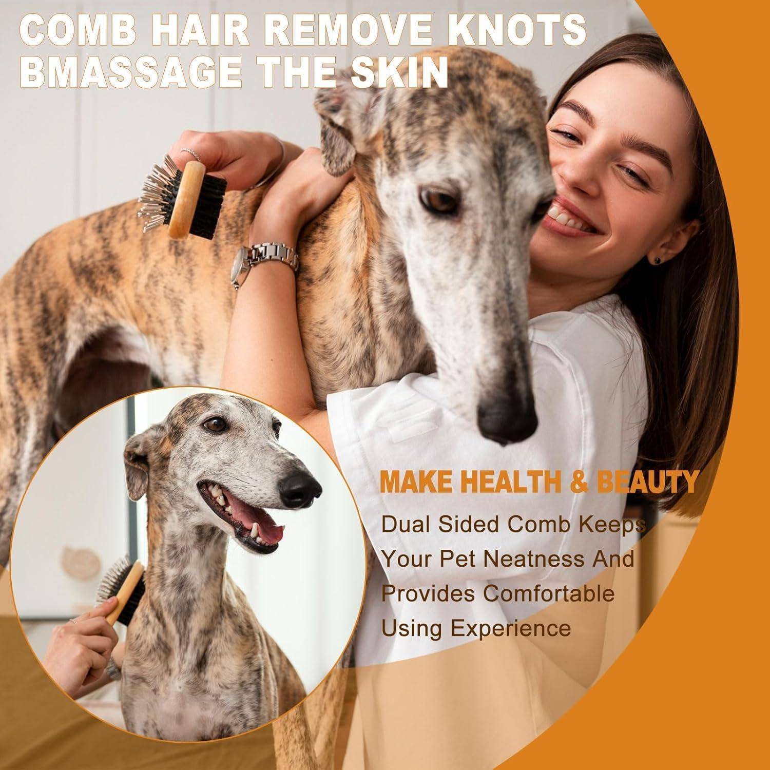 Eine Frau lächelt, während sie einen großen Hund auskämmt. Der Text beinhaltet 'Haare auskämmen, Knoten entfernen, Haut massieren' und 'Gesundheit & Schönheit'.