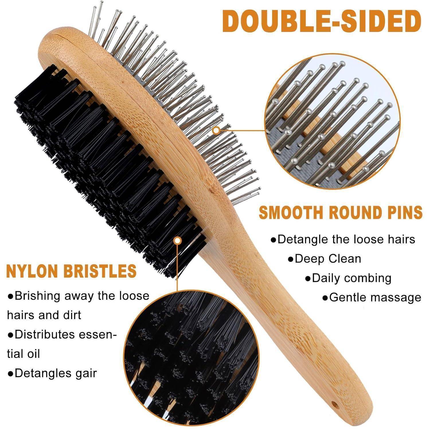 Das Bild zeigt eine beidseitige Haarbürste. Eine Seite verfügt über Nylonborsten zum Kämmen und Entwirren, während die andere Seite glatte, runde Stifte zur gründlichen Reinigung und Kopfmassage aufweist.