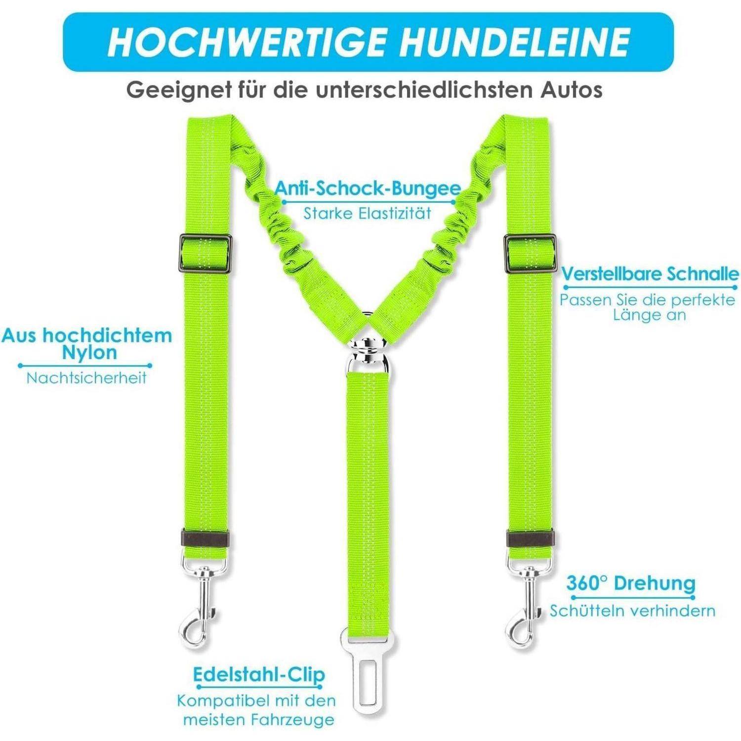 Eine hellgrüne Hundeleine mit stoßdämpfender Zugentlastung, verstellbarer Schnalle und Stahlkarabiner. Merkmale umfassen hochdichten Nylon und 360-Grad-Rotation. Der deutsche Text beschreibt Qualitäts- und Sicherheitsmerkmale.