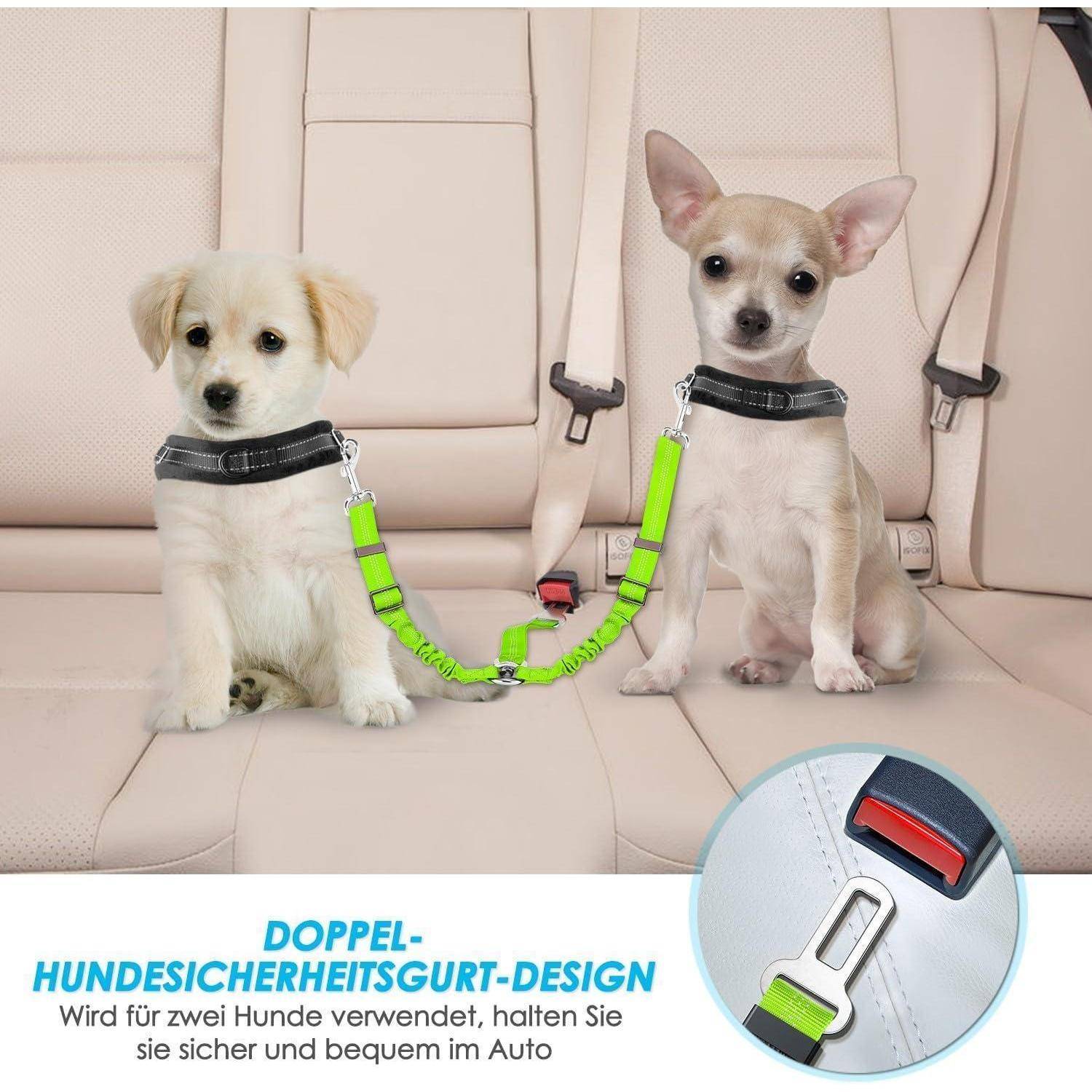 Zwei kleine Hunde sitzen auf Autositzen, gesichert durch einen doppelten Hundesicherheitsgurt. Deutsche Texteinblendung betont das Sicherheitsdesign für zwei Hunde im Auto.