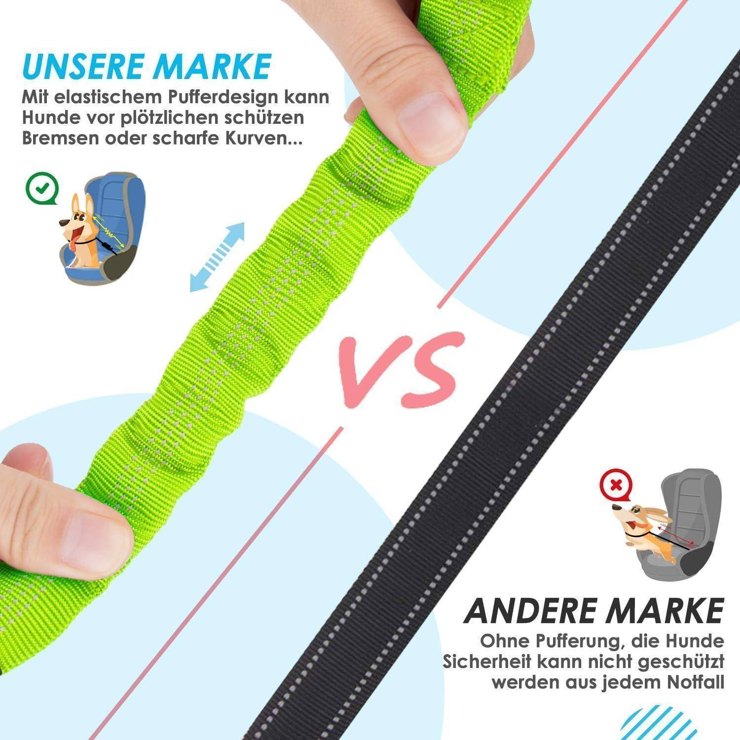 Eine Hand, die einen grünen elastischen Hundesicherheitsgurt auf der linken Seite hält, mit der Beschriftung 