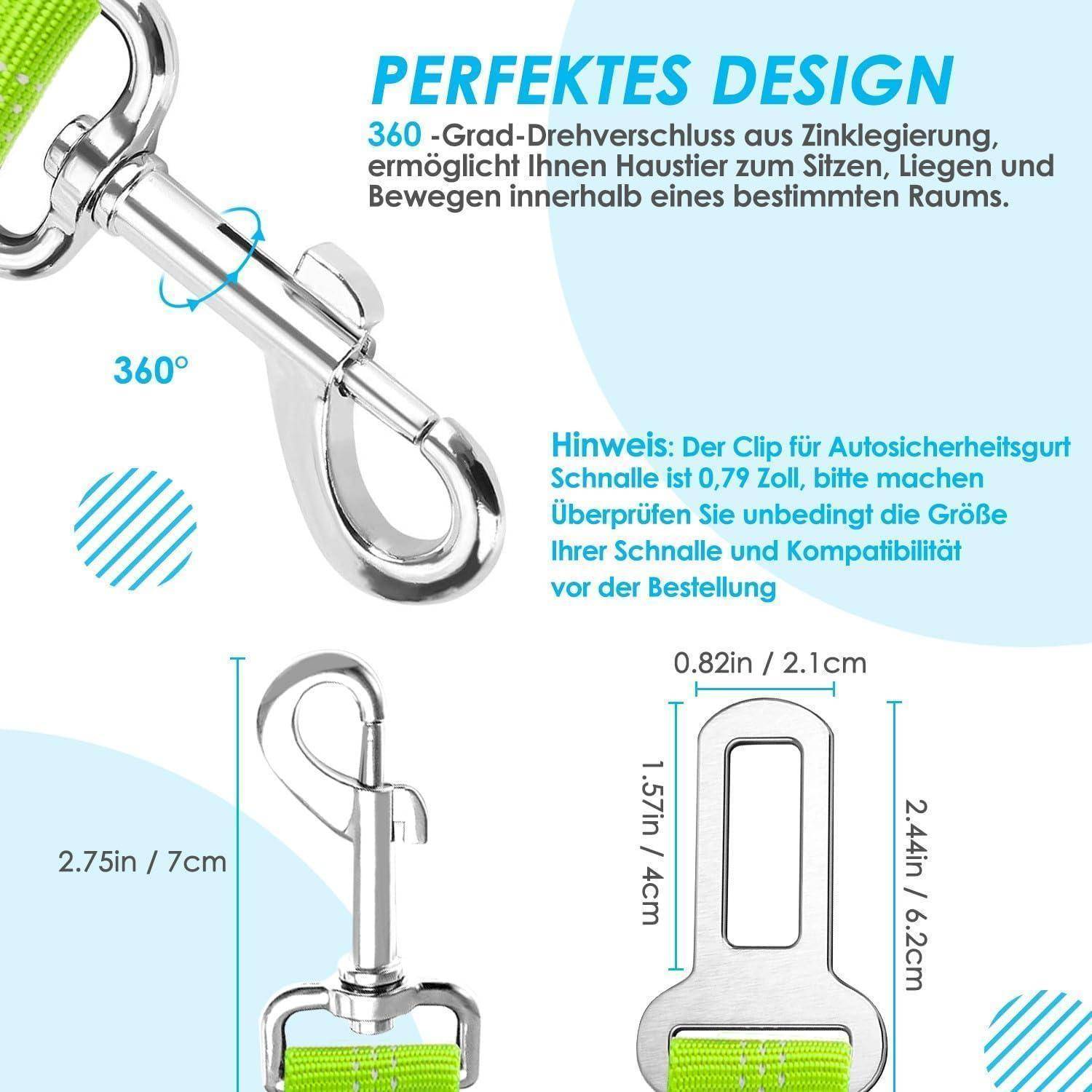 Ein Metall-Drehkarabiner wird abgebildet mit Textbeschreibung seiner Abmessungen: 2,95 Zoll/7,5 cm Länge, 1,57 Zoll/4 cm Breite. Er rotiert 360°.