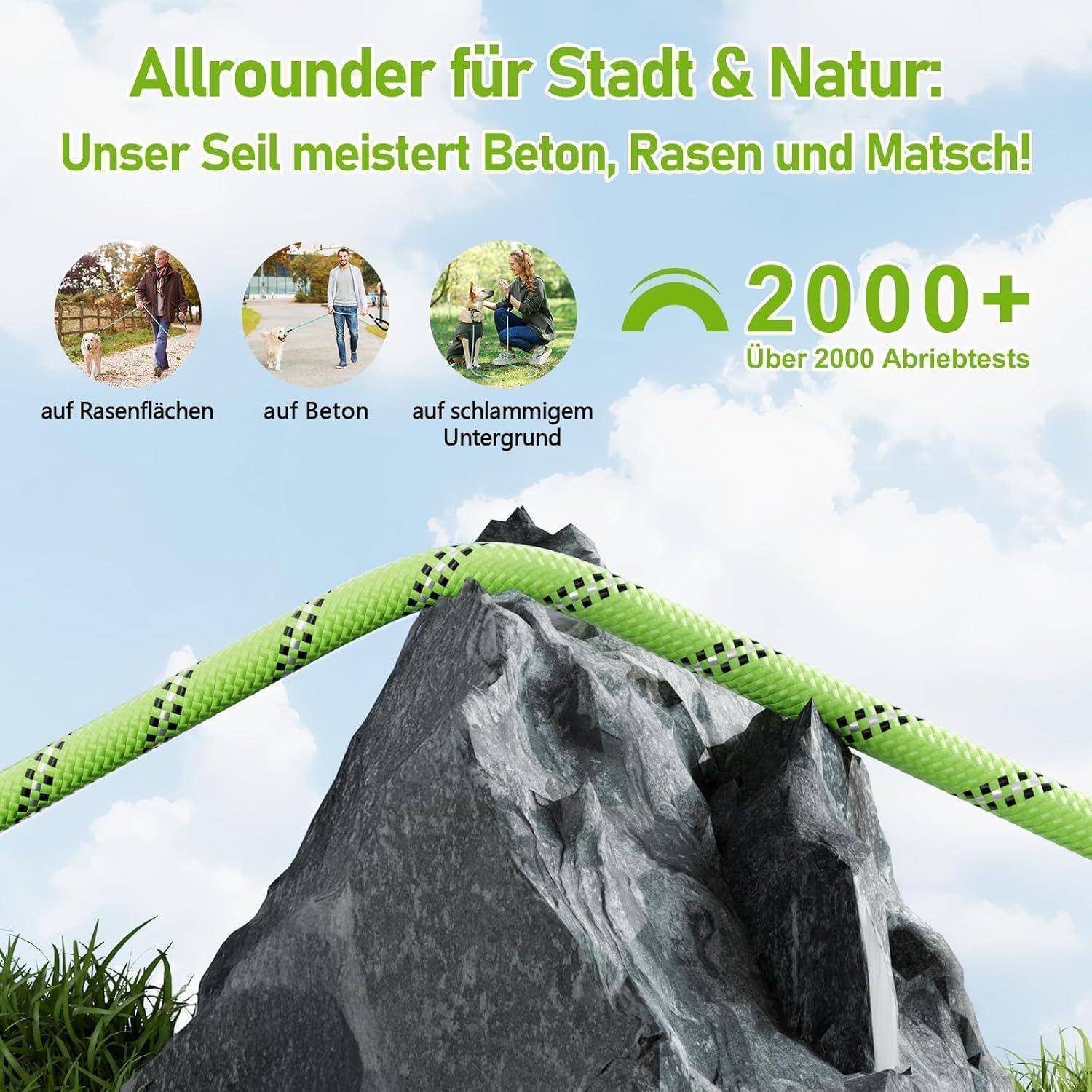 Eine grüne und schwarze Schnur liegt auf einer felsigen Oberfläche. Der Text lautet: 