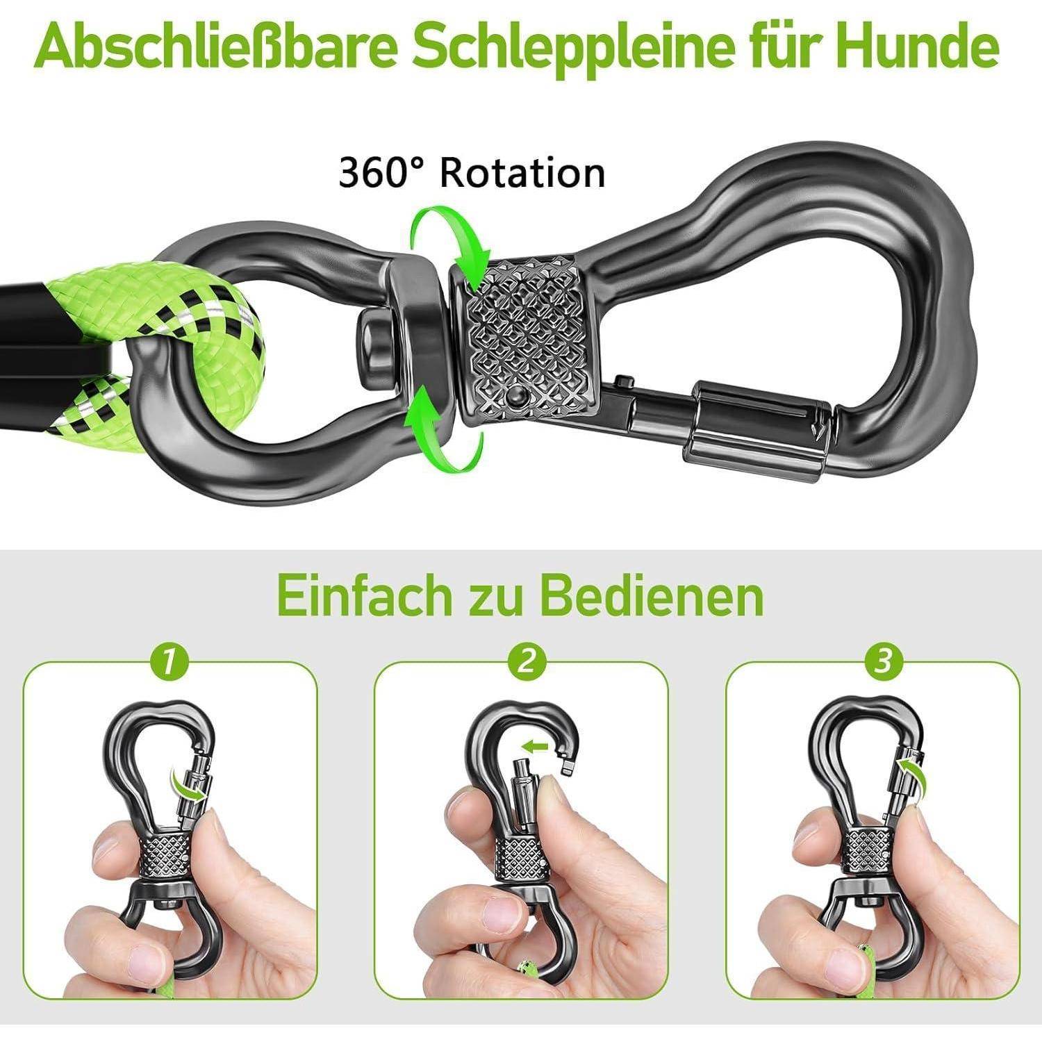 Abschließbare Schleppleine für Hunde' Schlüsselanhänger mit 360°-Drehfunktion. Bilder zeigen die Schritte zur Nutzung des Verschlussmechanismus, beschriftet mit 'Einfach zu Bedienen'.
