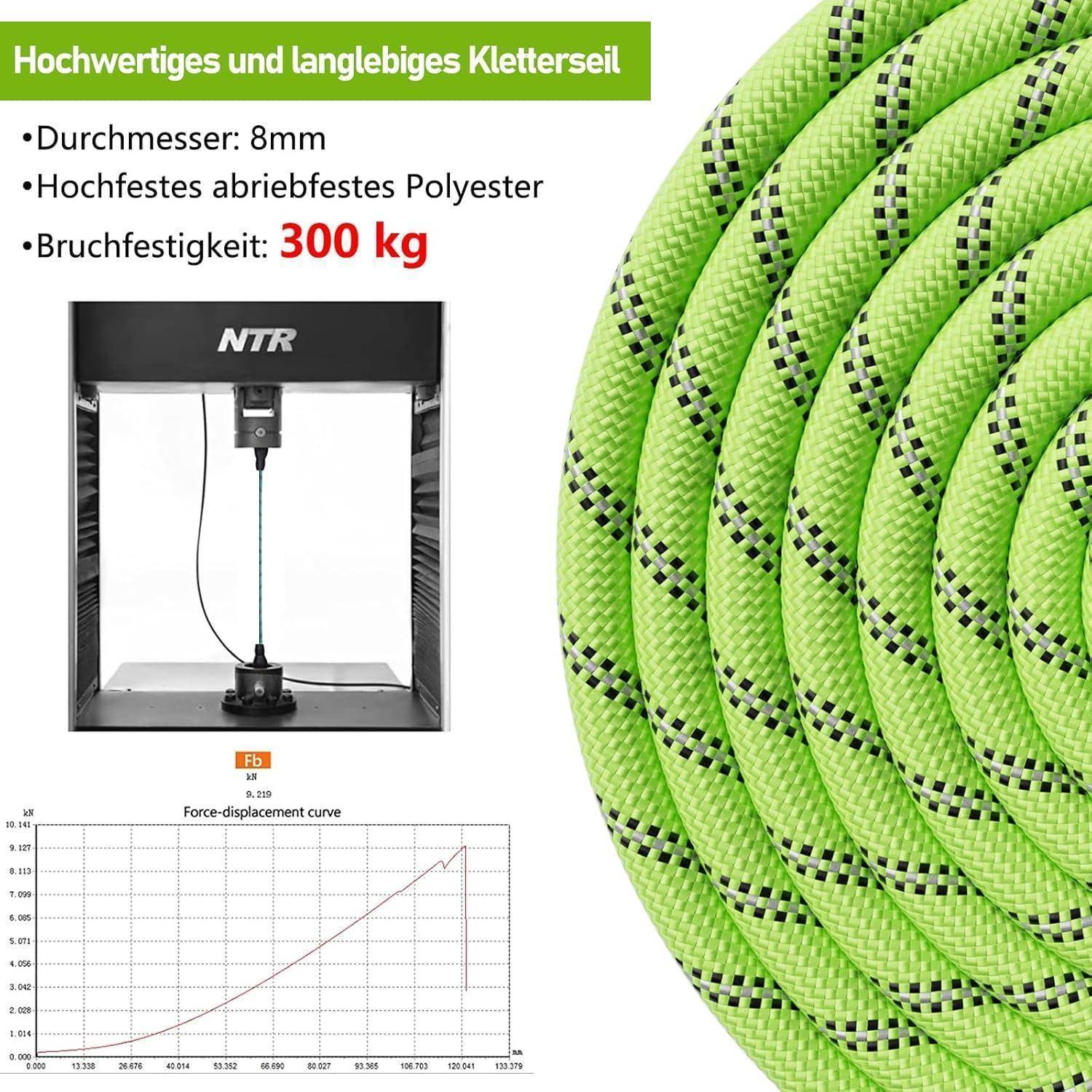 Ein hellgrünes Kletterseil mit schwarzen Sprenkeln, beschrieben als 'Hochwertiges und langlebiges Kletterseil' mit einer Bruchlast von 300 kg.