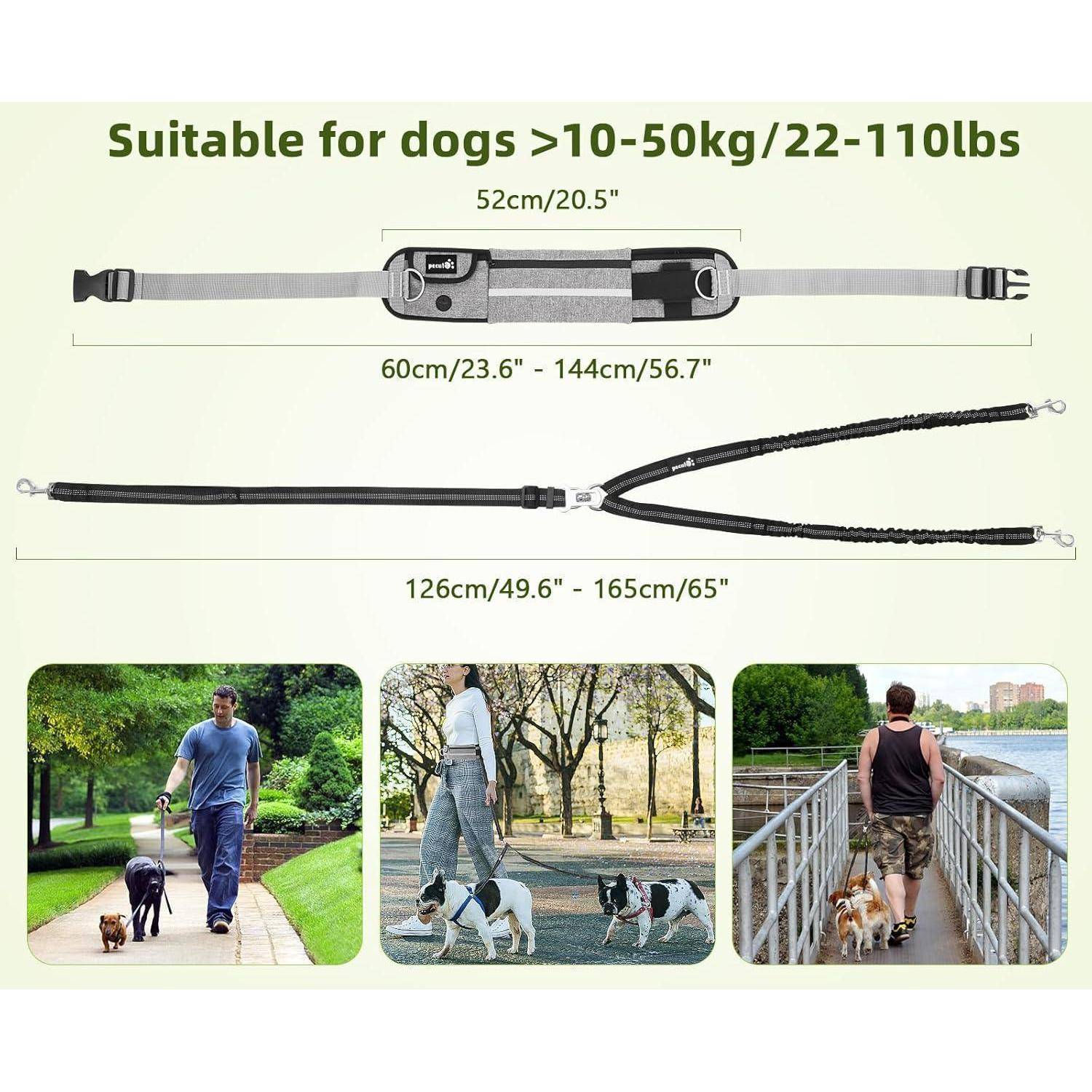 Joggingleine Hundleine Laufgürtel Doppelhund Grau Leichtgewicht