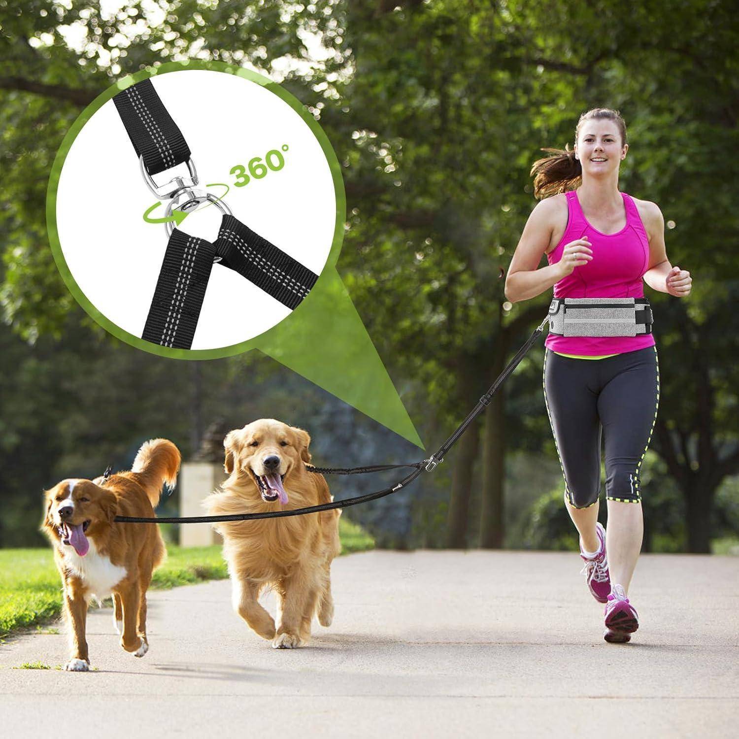 Joggingleine Hundleine Laufgürtel Doppelhund Grau Leichtgewicht