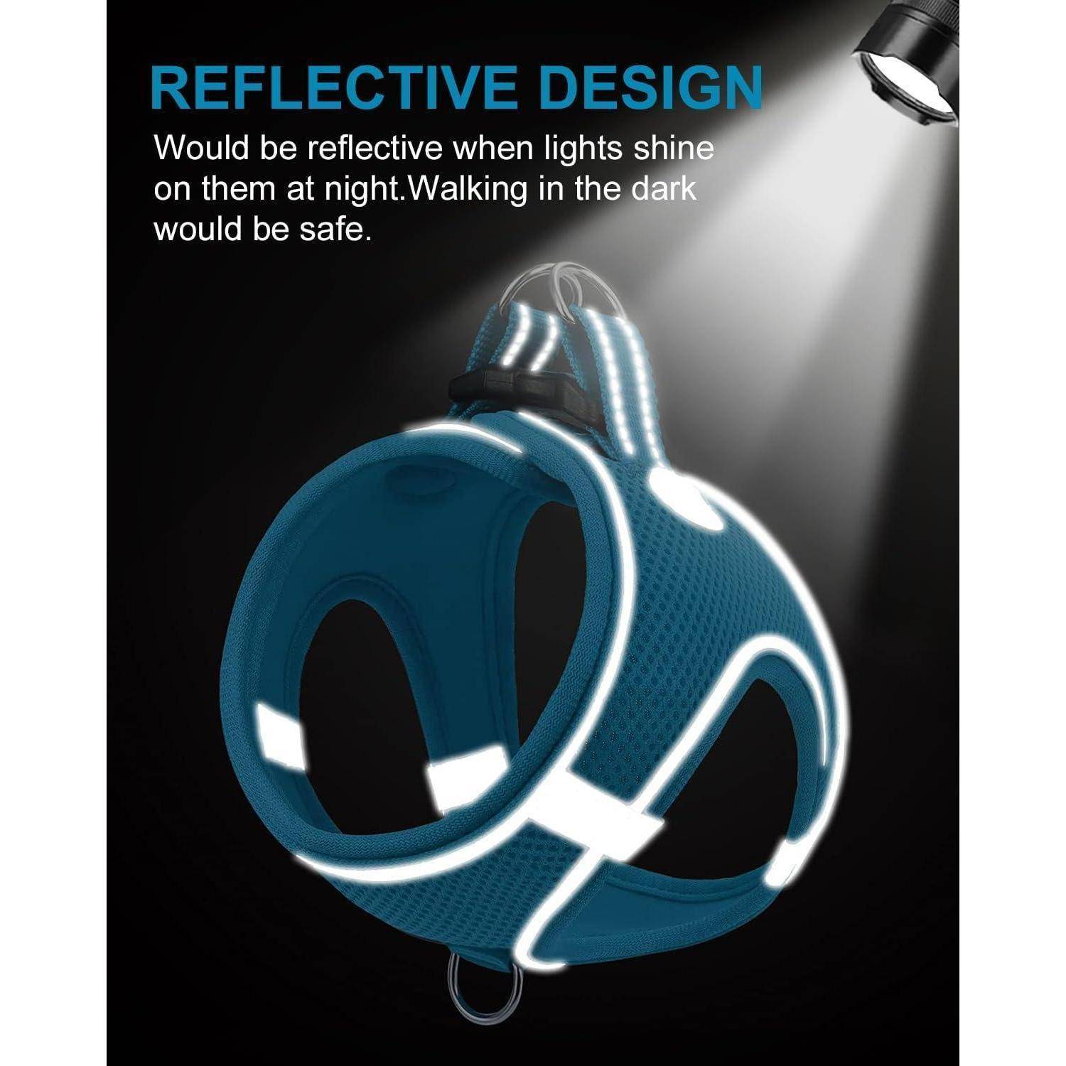 Reflektierendes Hundegeschirr unter Scheinwerferlicht, das 'REFLEKTIERENDES DESIGN' zeigt, mit Text über Sichtbarkeit und Sicherheit bei Nacht.