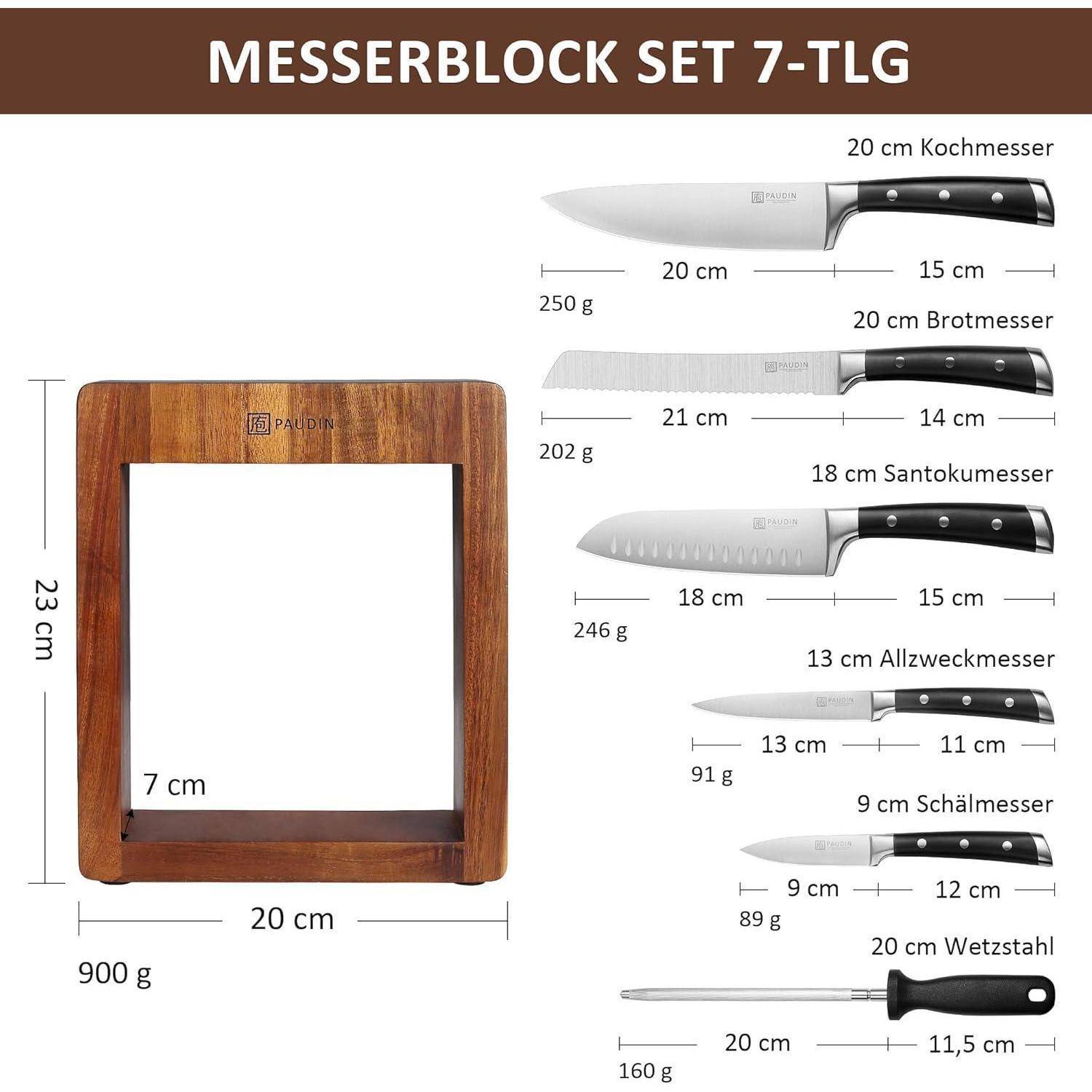 Holz-Messerblock-Set mit sieben Teilen, inklusive verschiedener Messer mit angegebenen Längen und Gewichten: Kochmesser, Brotmesser, Santokumesser, Universalmesser, Schälmesser.