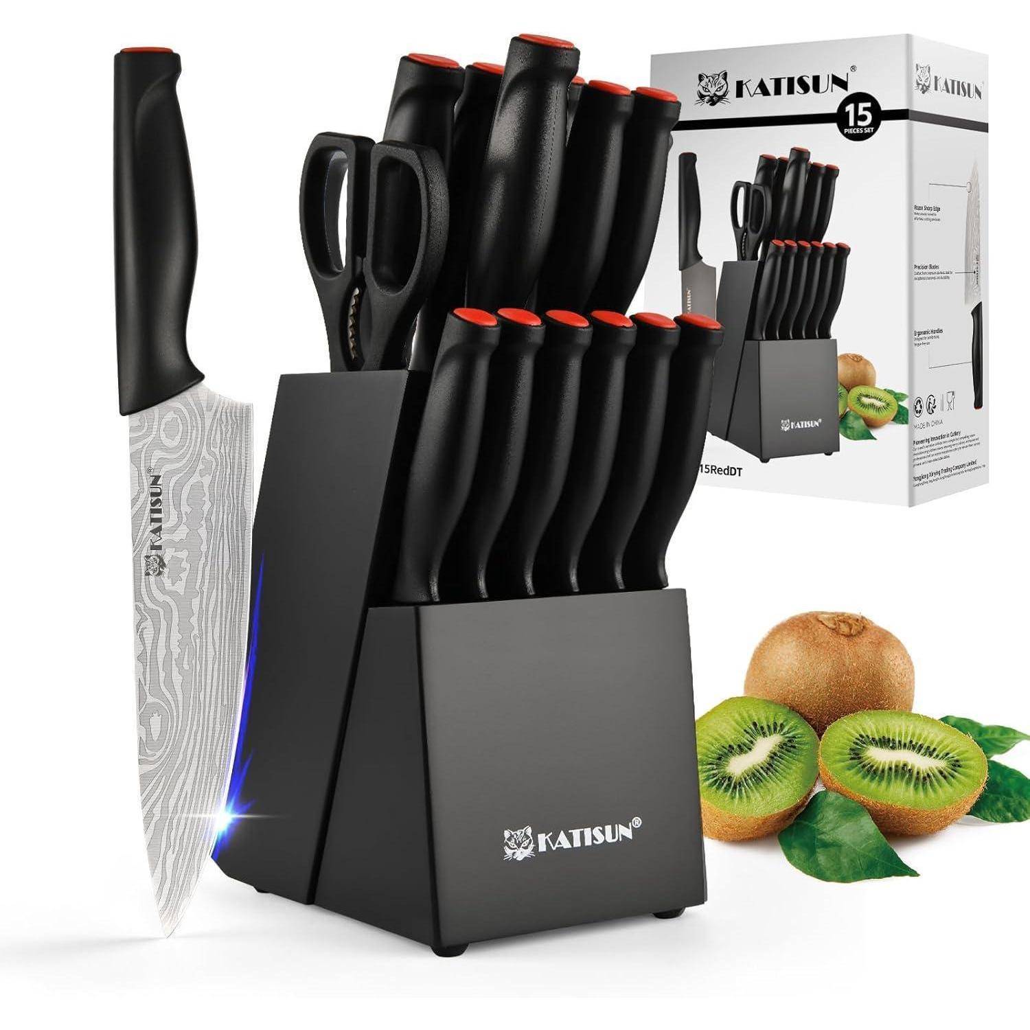 Schwarzes Messer-Set mit Ständer, inklusive verschiedener Messer und Schere. Mit Box und Kiwi-Früchten neben dem Ständer.