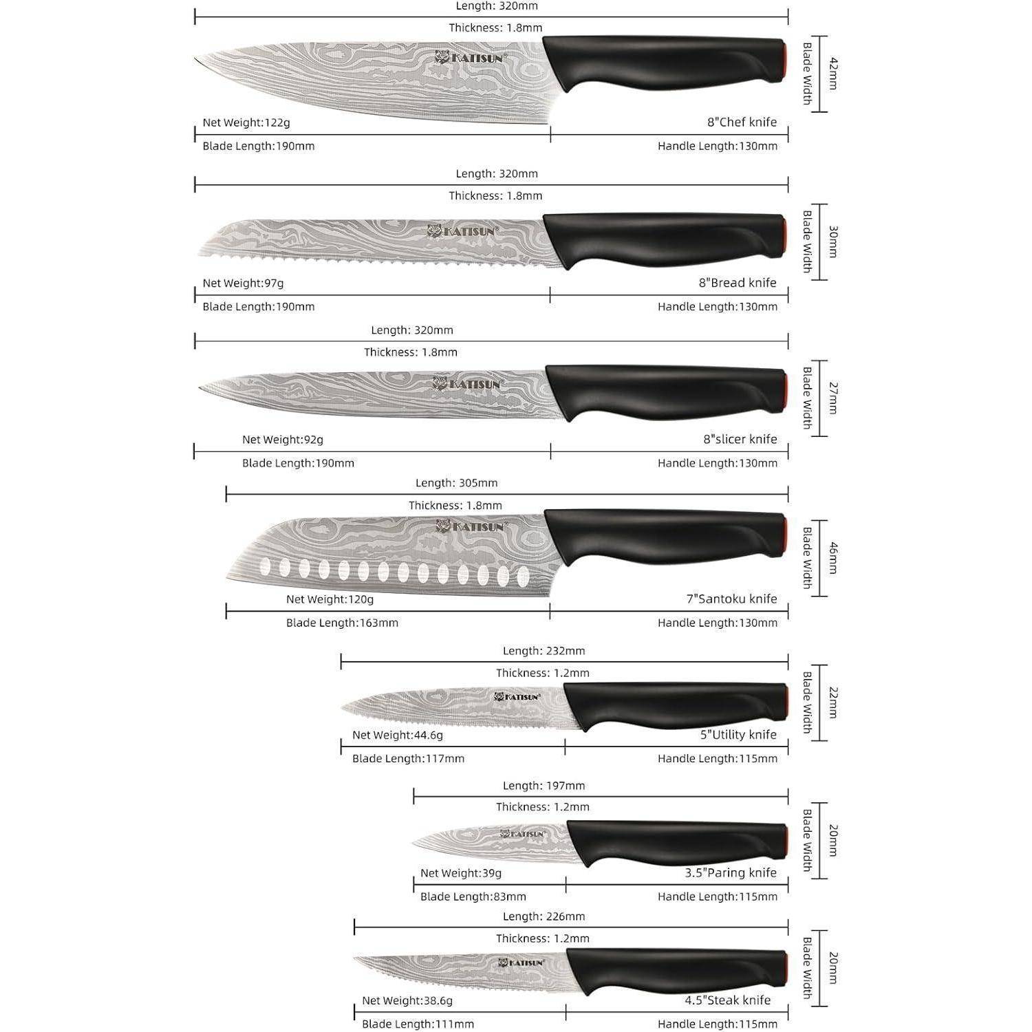 „Satz von acht Küchenmessern mit Abmessungen und Gewichten: Kochmesser, Brotmesser, Tranchiermesser, Santokumesser, Universalmesser, Schälmesser und Steakmesser im Detail.