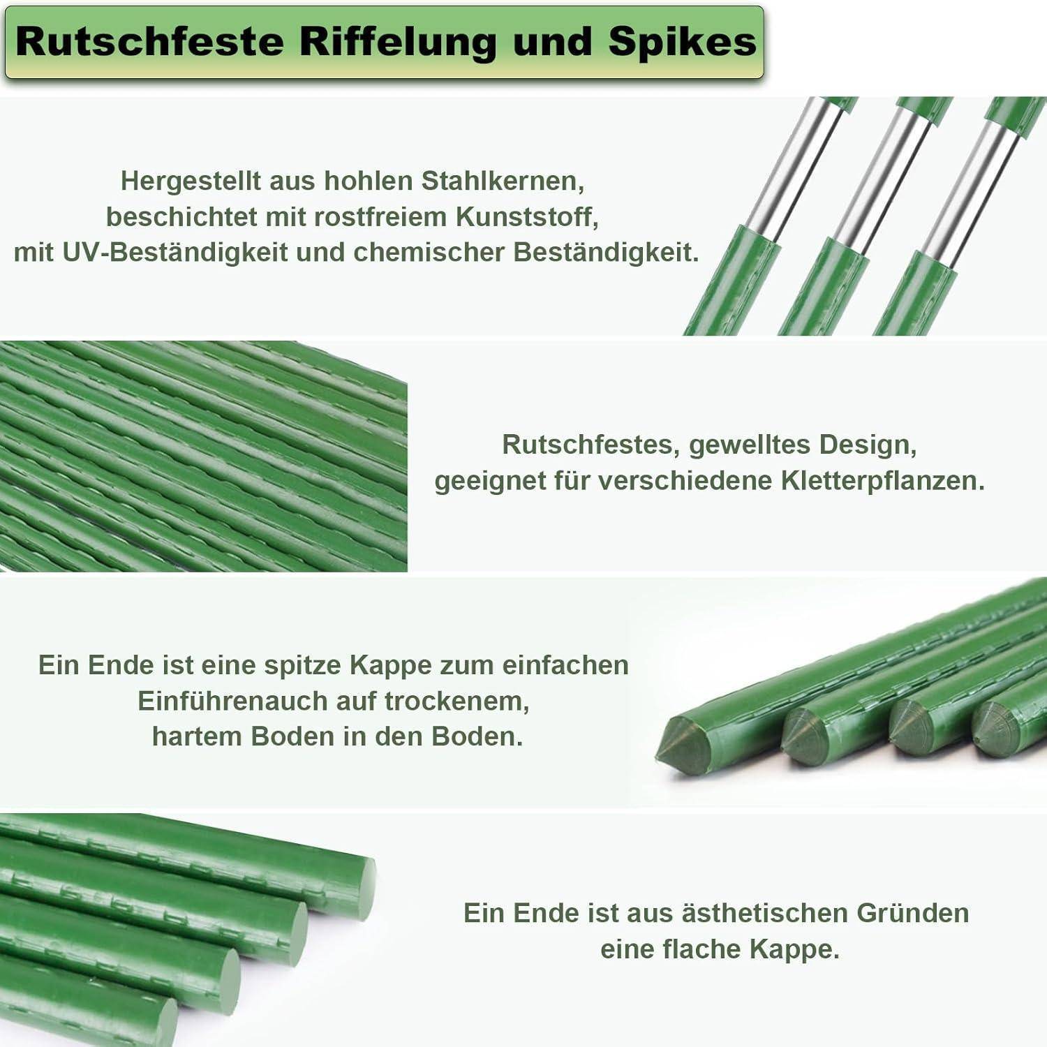 Der Text zeigt Informationen über 'Rutschfeste Riffelung und Spitzen', die robuste, rutschfeste Stahl- und Kunststoffpflanzstäbe beschreiben.