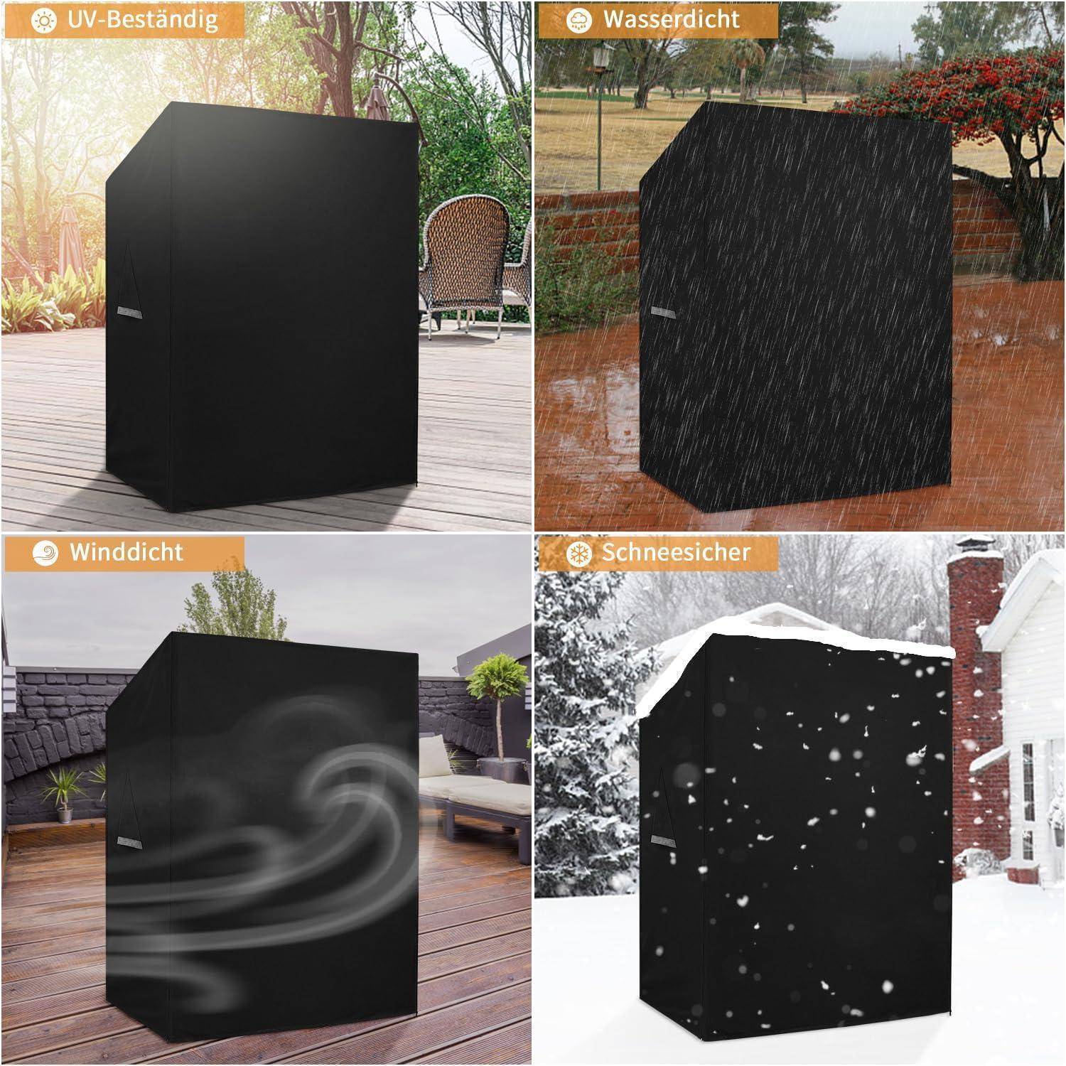 Outdoor-Abdeckung in vier Szenarien: Sonne (UV-beständig), Regen (Wasserdicht), Wind (Winddicht) und Schnee (Schneesicher).