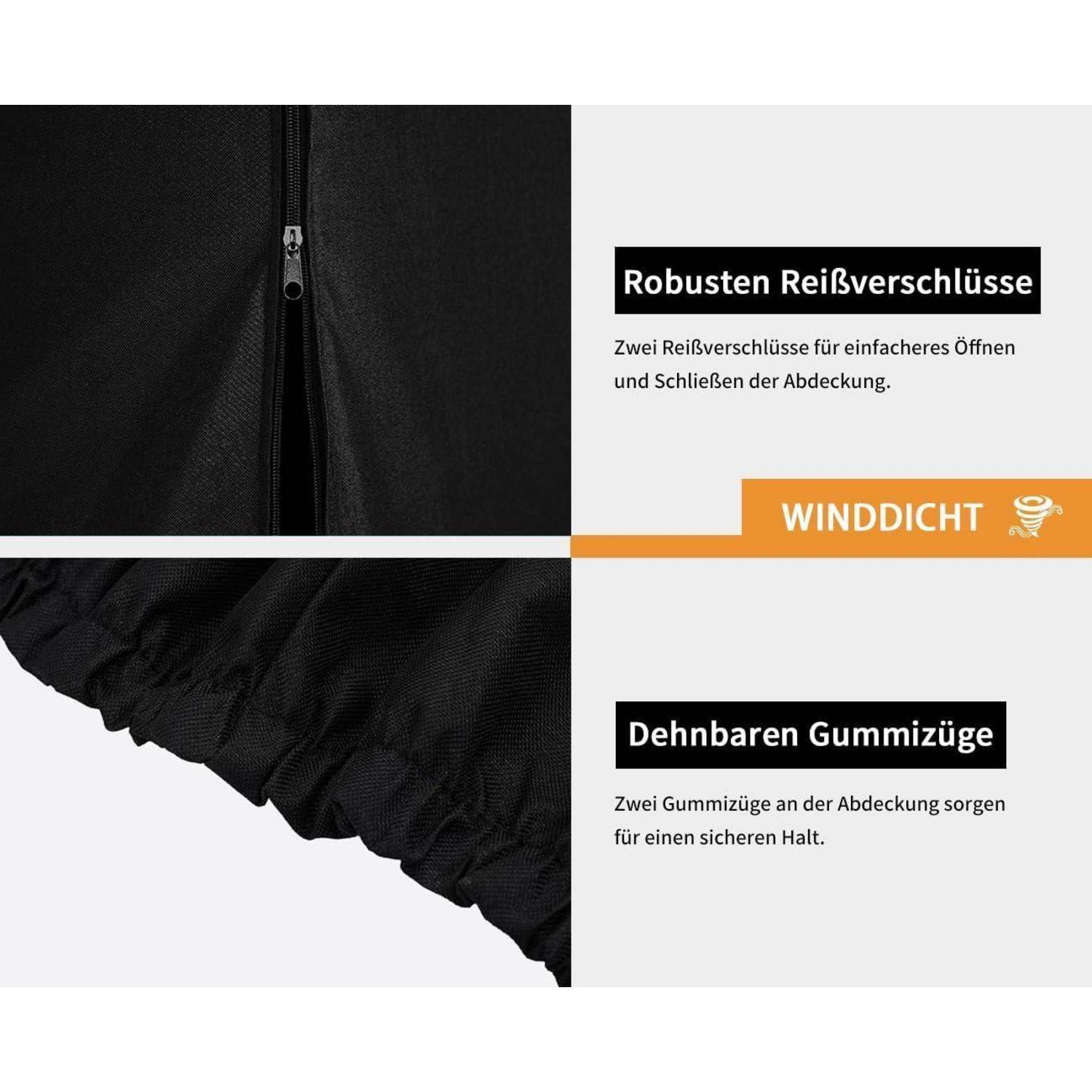 Schwarze Stoff-Schutzhülle mit einem Reißverschluss und elastischen Riemen, gekennzeichnet mit 'Robusten Reißverschlüssen' und 'Dehnbaren Gummizügen', was auf Haltbarkeit und sicheren Sitz hinweist.