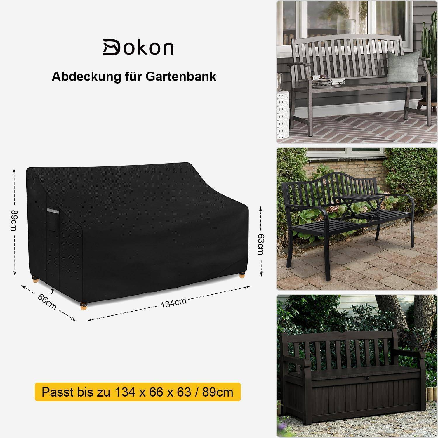 Schutzhülle für Gartenbänke, passend für Bänke bis zu 134 x 66 x 63 cm, gezeigt auf einer schwarzen Bankhülle und drei Outdoorbänken.