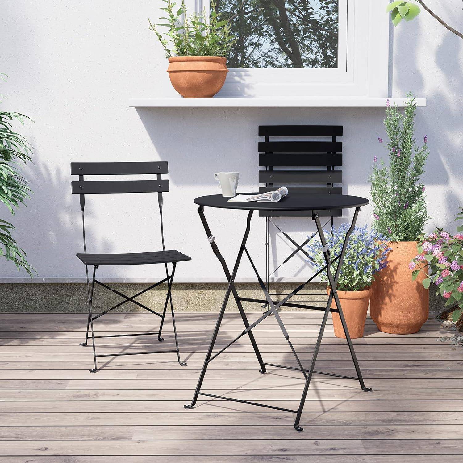 Bistro Set 3 Stück Gartenmöbel Premium Stahl Klappbar Schwarz