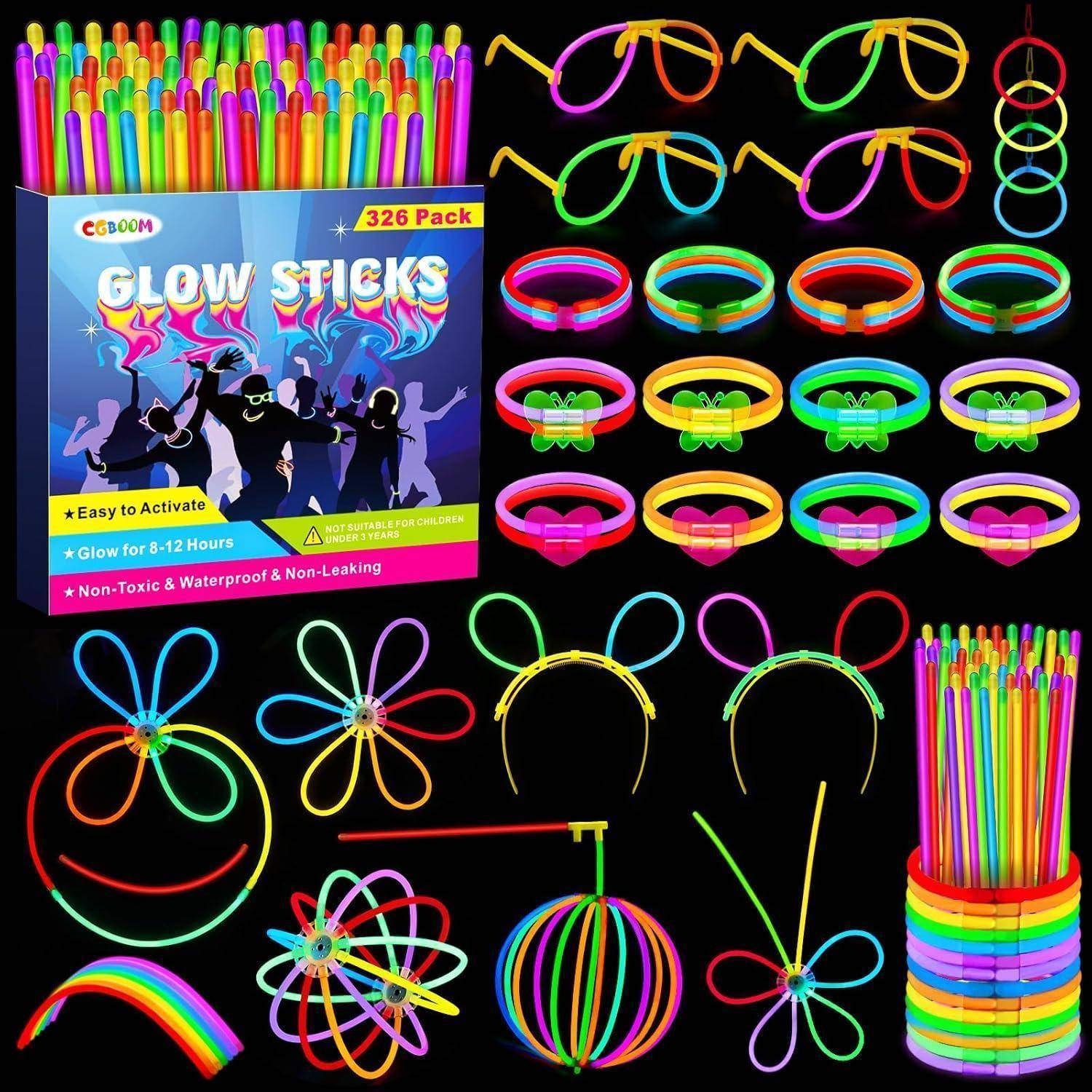 Glow Sticks 326er Pack': Enthält Knicklichter, Brillen, Armbänder und mehr in verschiedenen Farben. Ungiftig und leuchtet 8-12 Stunden.