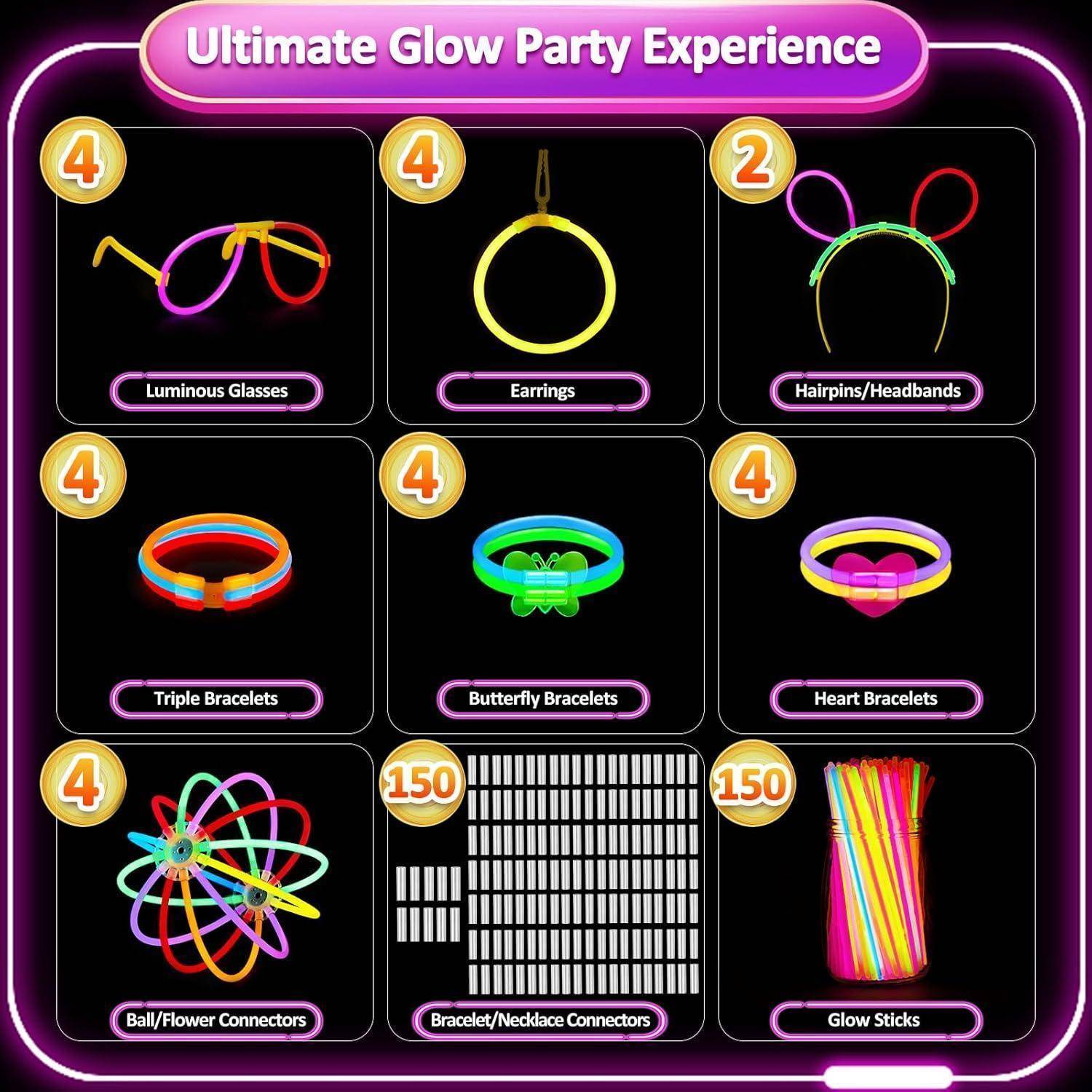 Ultimatives Glow-Party-Erlebnis' Set beinhaltet leuchtende Brillen, Ohrringe, Haarspangen, dreifache Armbänder, Schmetterlingsarmbänder, Verbinder und Knicklichter.